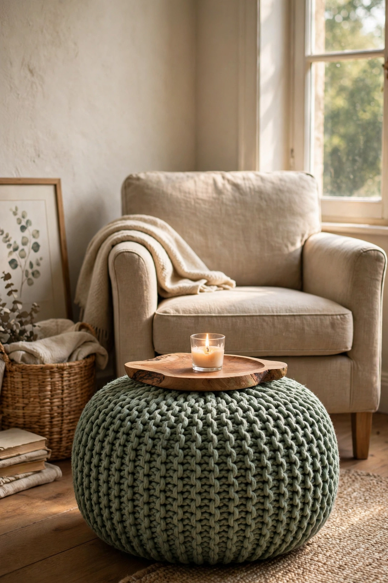 Round sage green knit pouf in front of an armchair in a budget living room