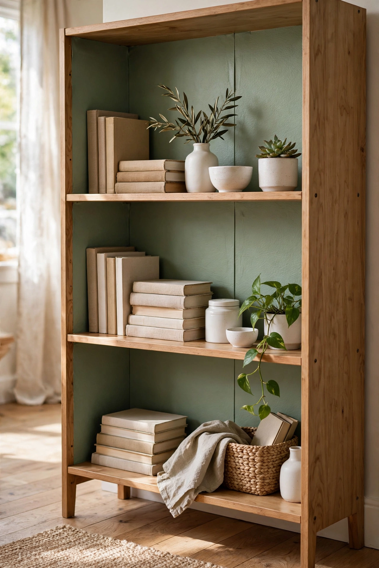 Bookcase with sage green peel-and-stick backing behind styled shelves