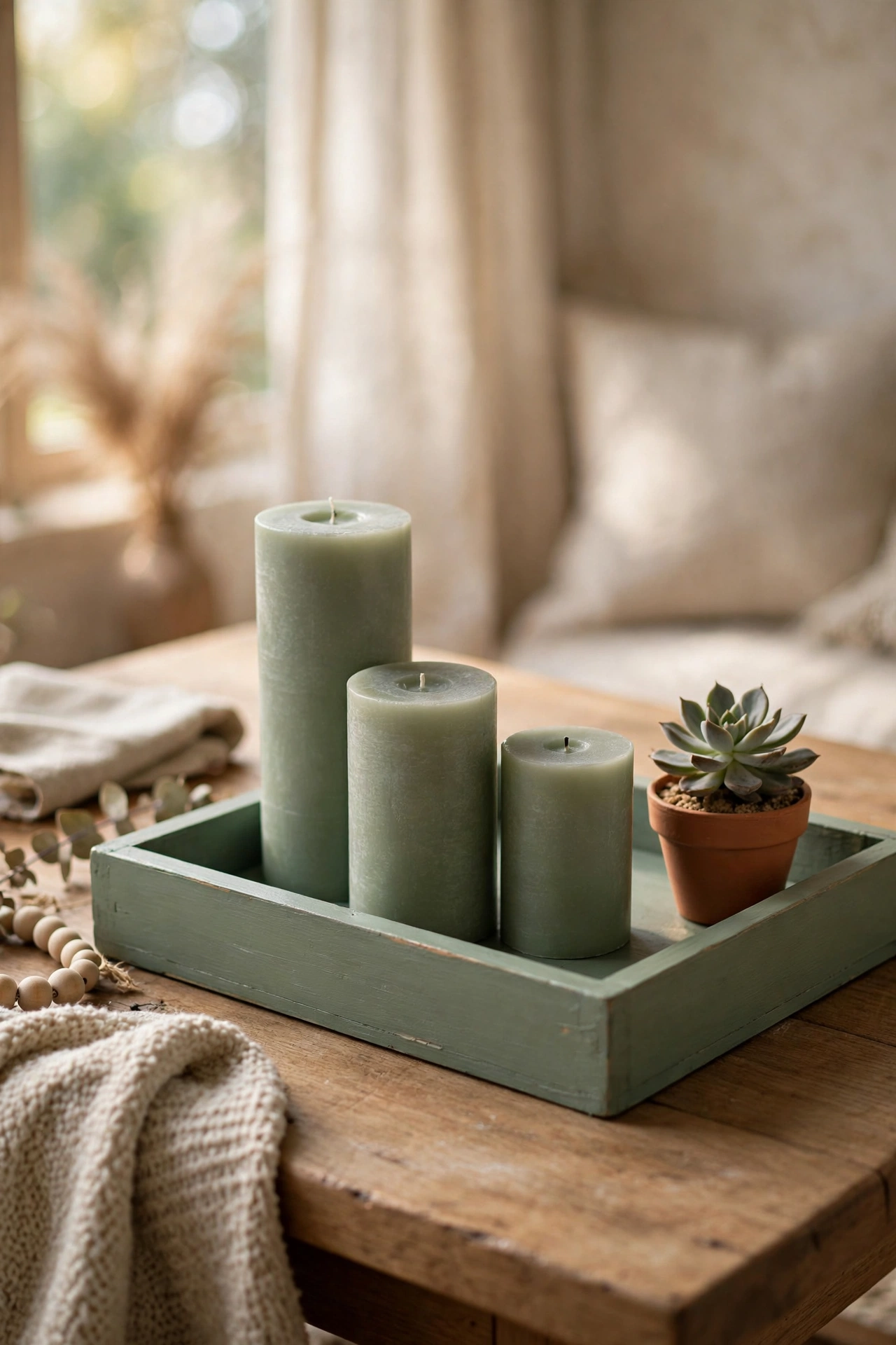Sage painted tray with pillar candles styled on a living room coffee table