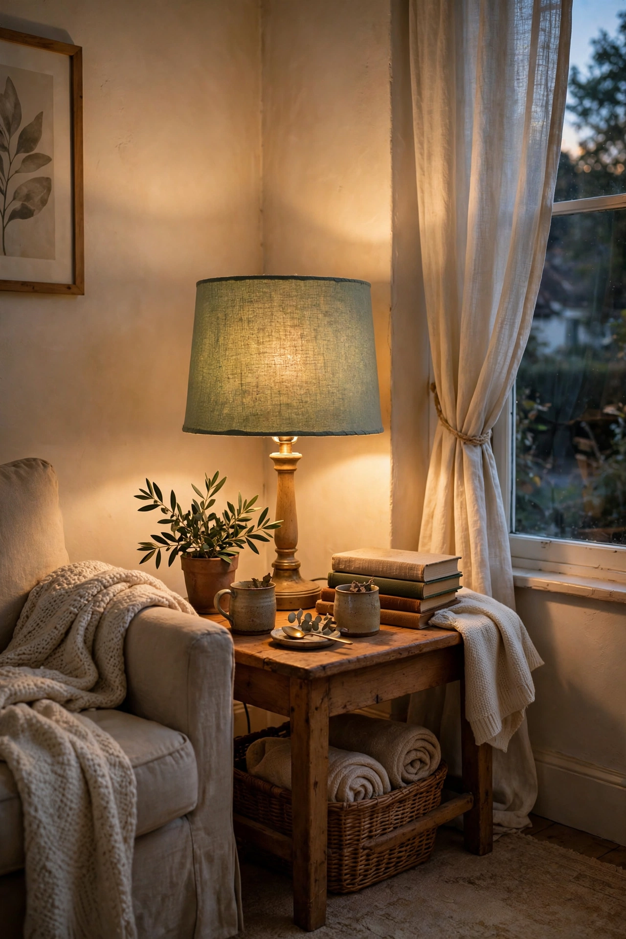 Table lamp with a sage green linen lampshade glowing in a living room corner