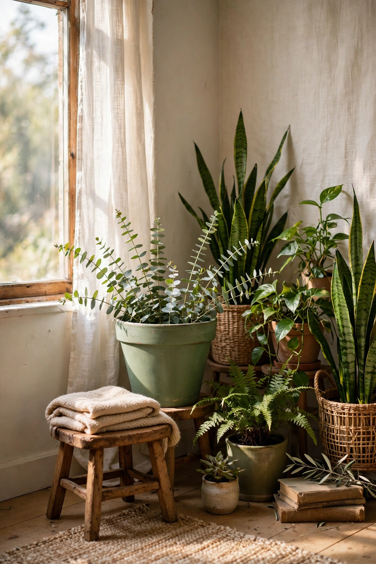 Corner plant grouping with eucalyptus and green plants in a sage painted pot