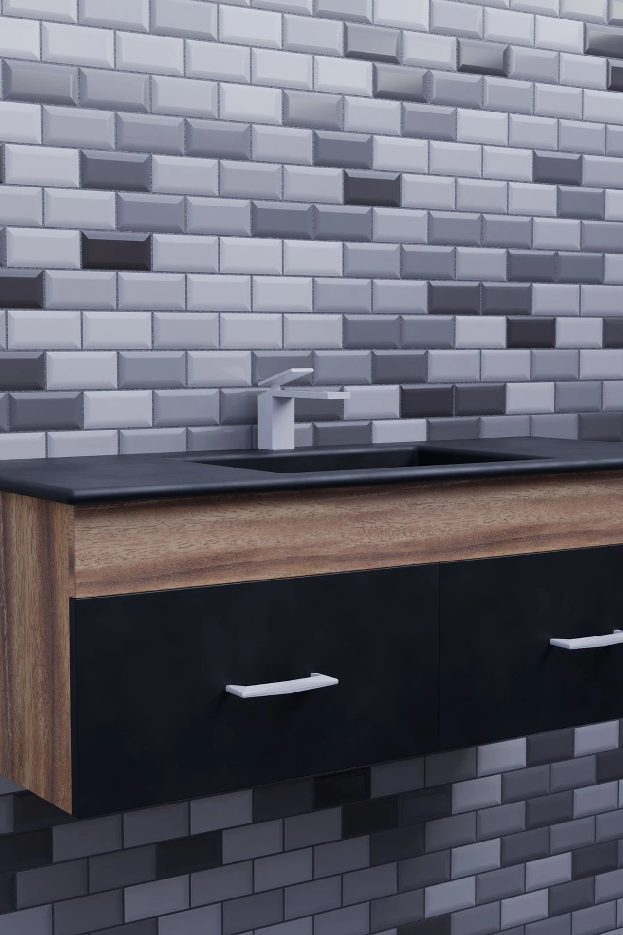 Modern bar pulls on white bathroom vanity cabinets
