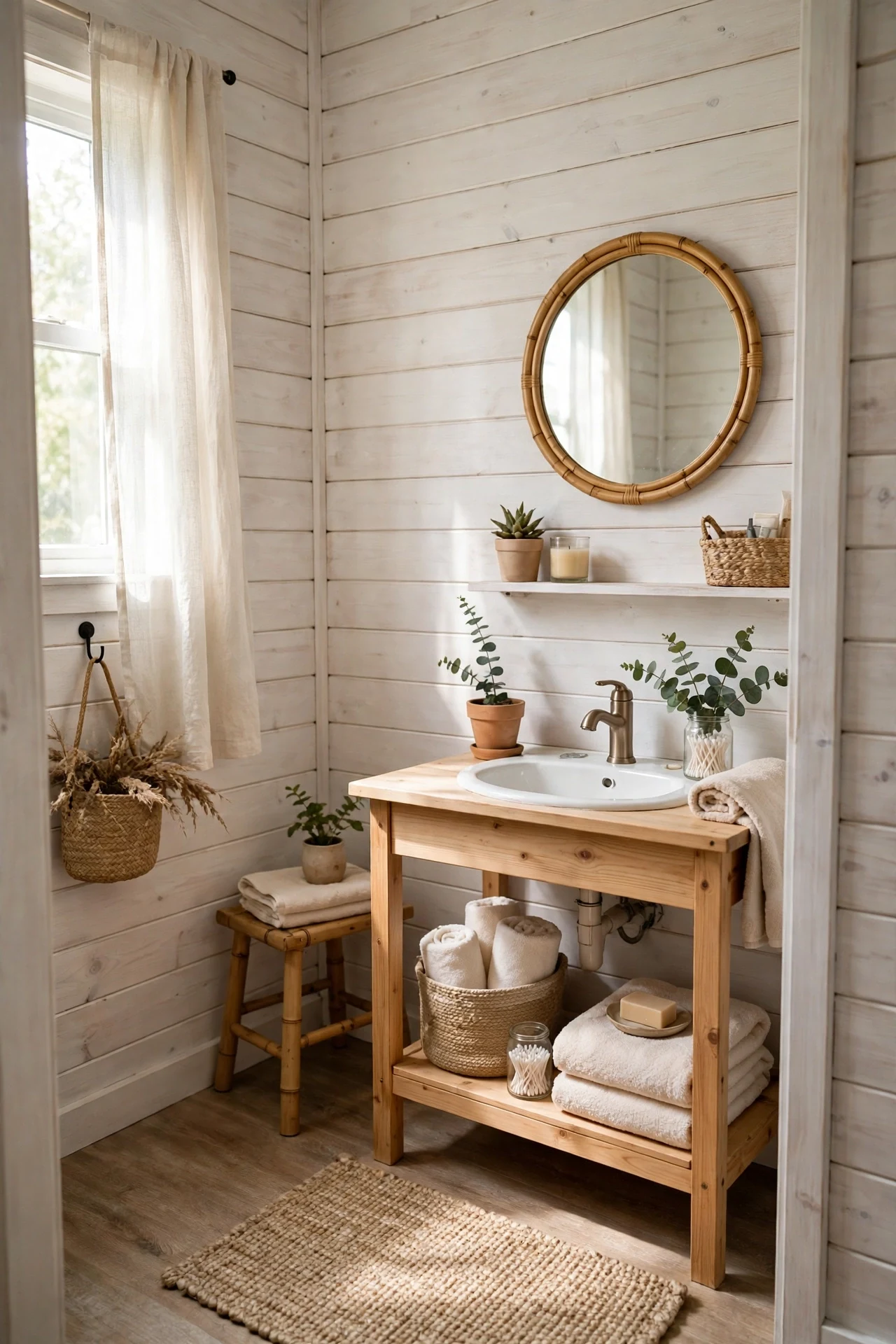 Whitewashed Shiplap Walls That Open Up the Room in a cozy budget bathroom with soft natural light