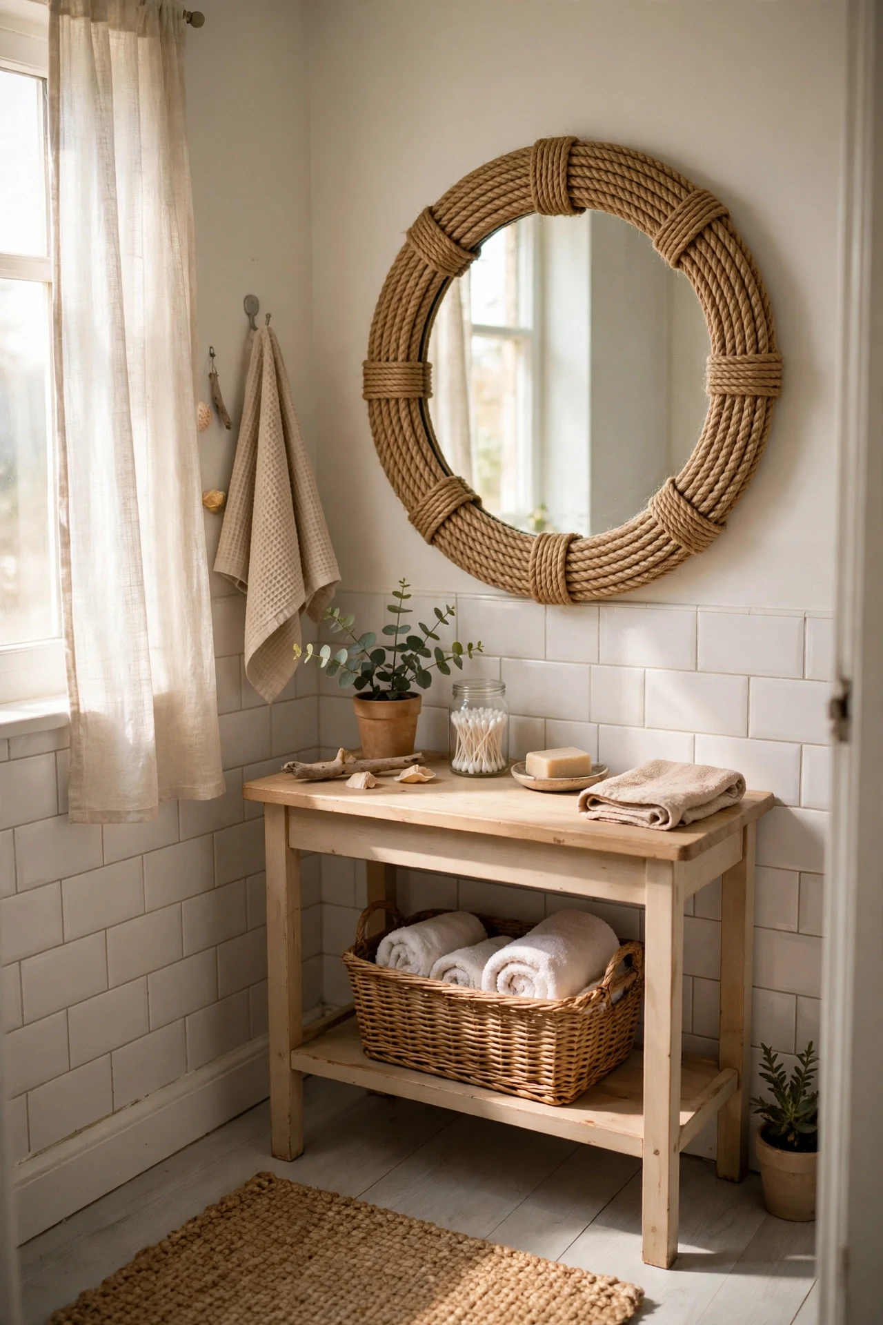 A Rope-Wrapped Mirror for Instant Seaside Charm in a cozy budget bathroom with soft natural light