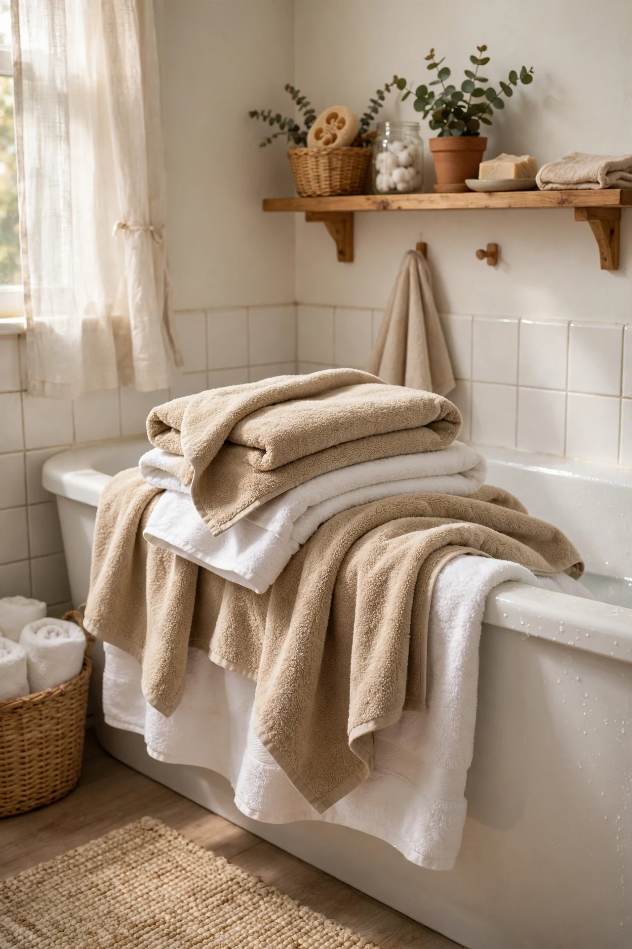 Sandy Beige Towels Layered Over Crisp White in a cozy budget bathroom with soft natural light