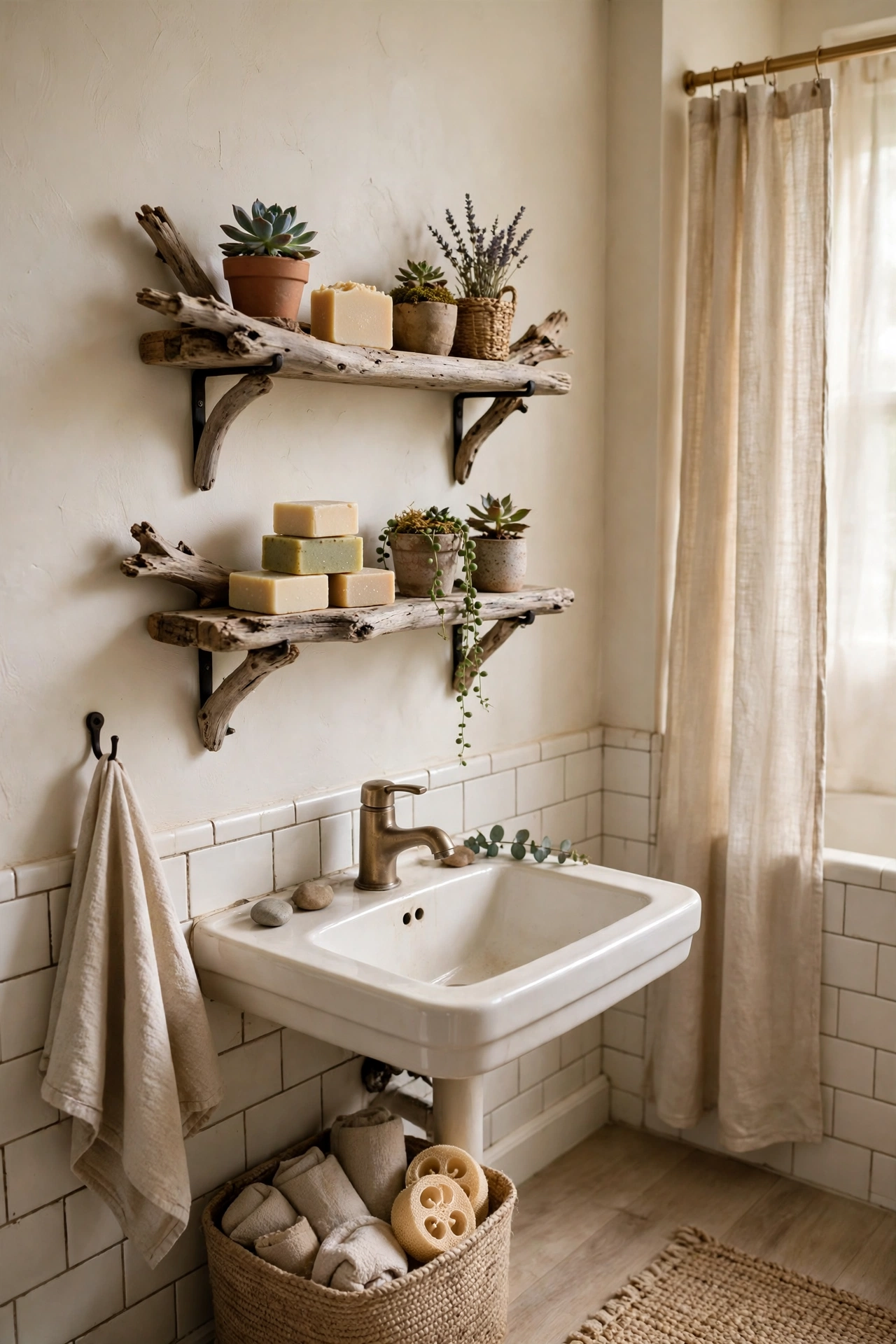 Driftwood Shelves for Soaps and Small Plants in a cozy budget bathroom with soft natural light