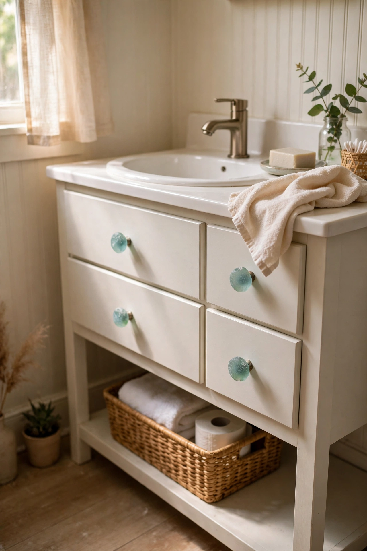 Sea-Glass Knobs on Plain Vanity Drawers in a cozy budget bathroom with soft natural light