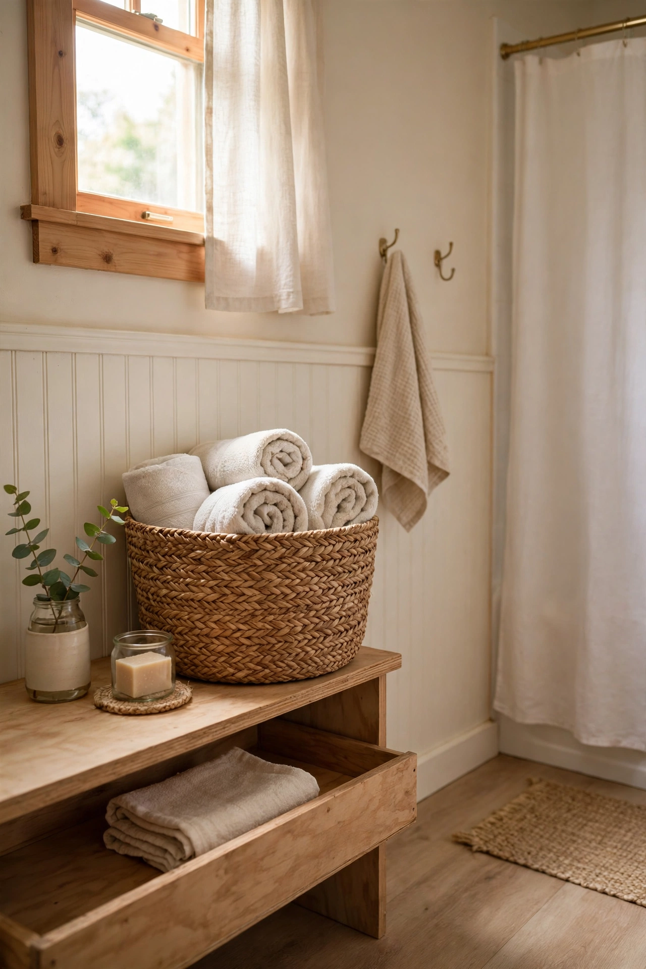 A Woven Seagrass Basket for Rolled Towels in a cozy budget bathroom with soft natural light