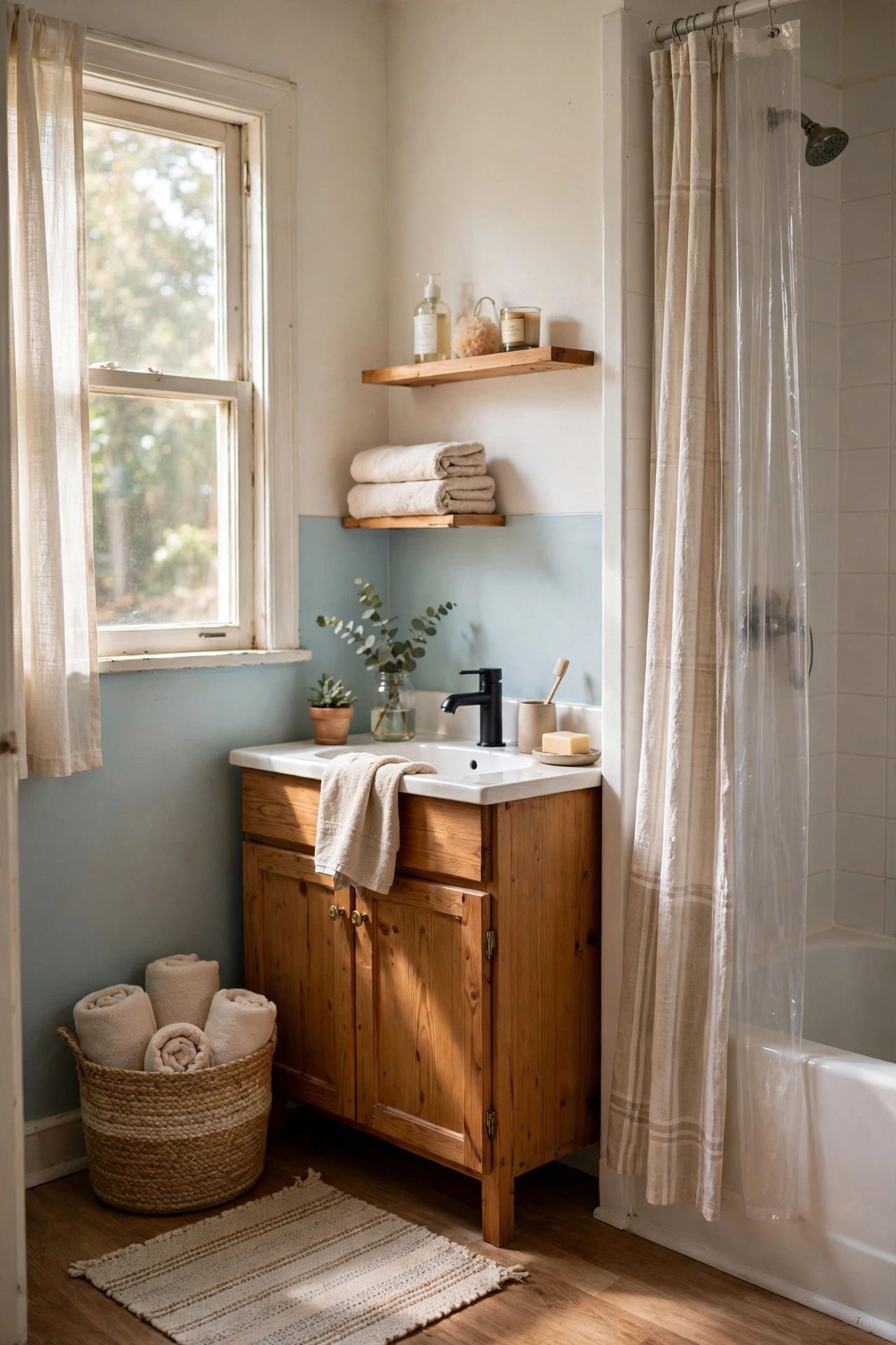 Pale Blue Paint on the Lower Half of the Walls in a cozy budget bathroom with soft natural light