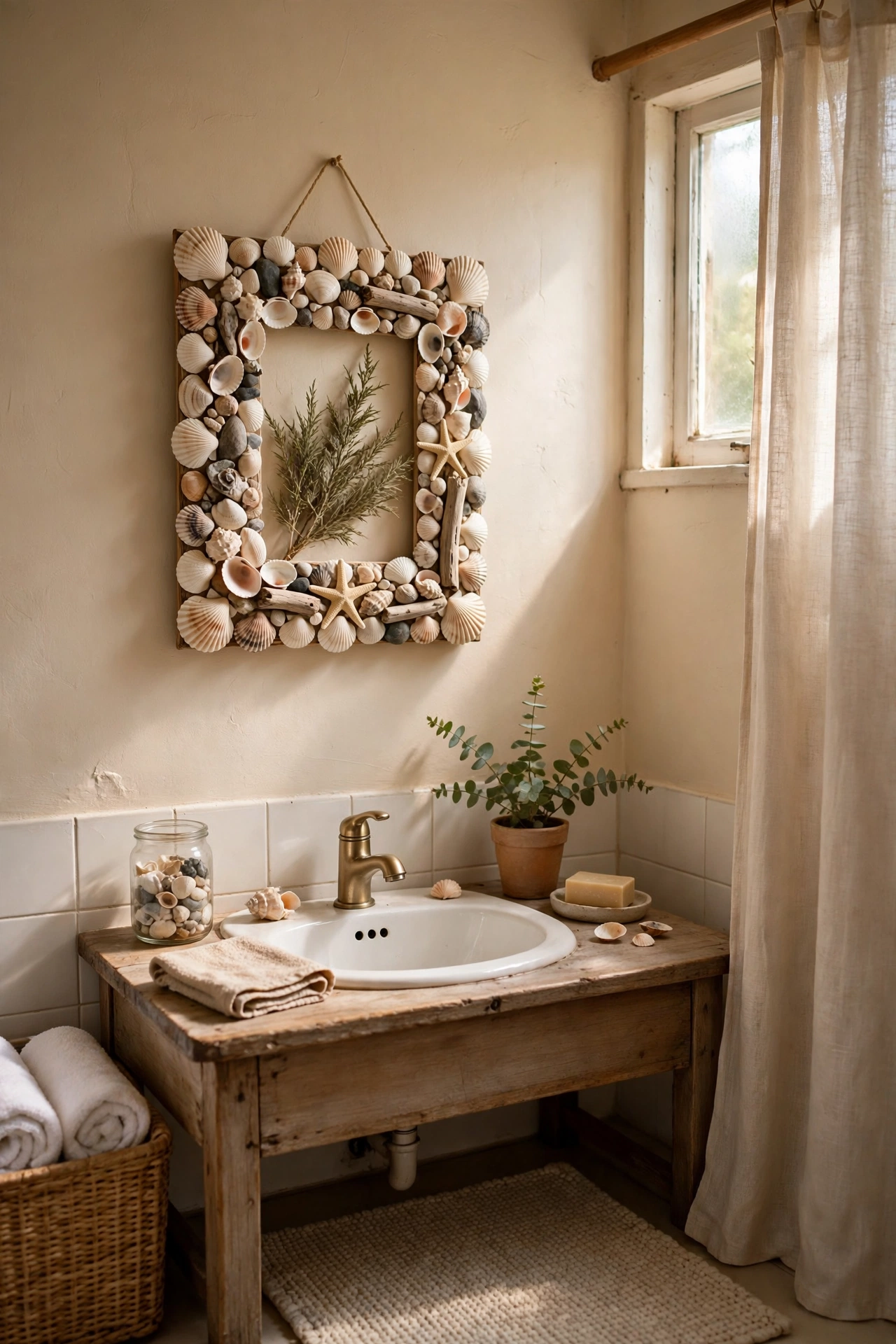 Shell-Framed Art You Make From Beach Finds in a cozy budget bathroom with soft natural light