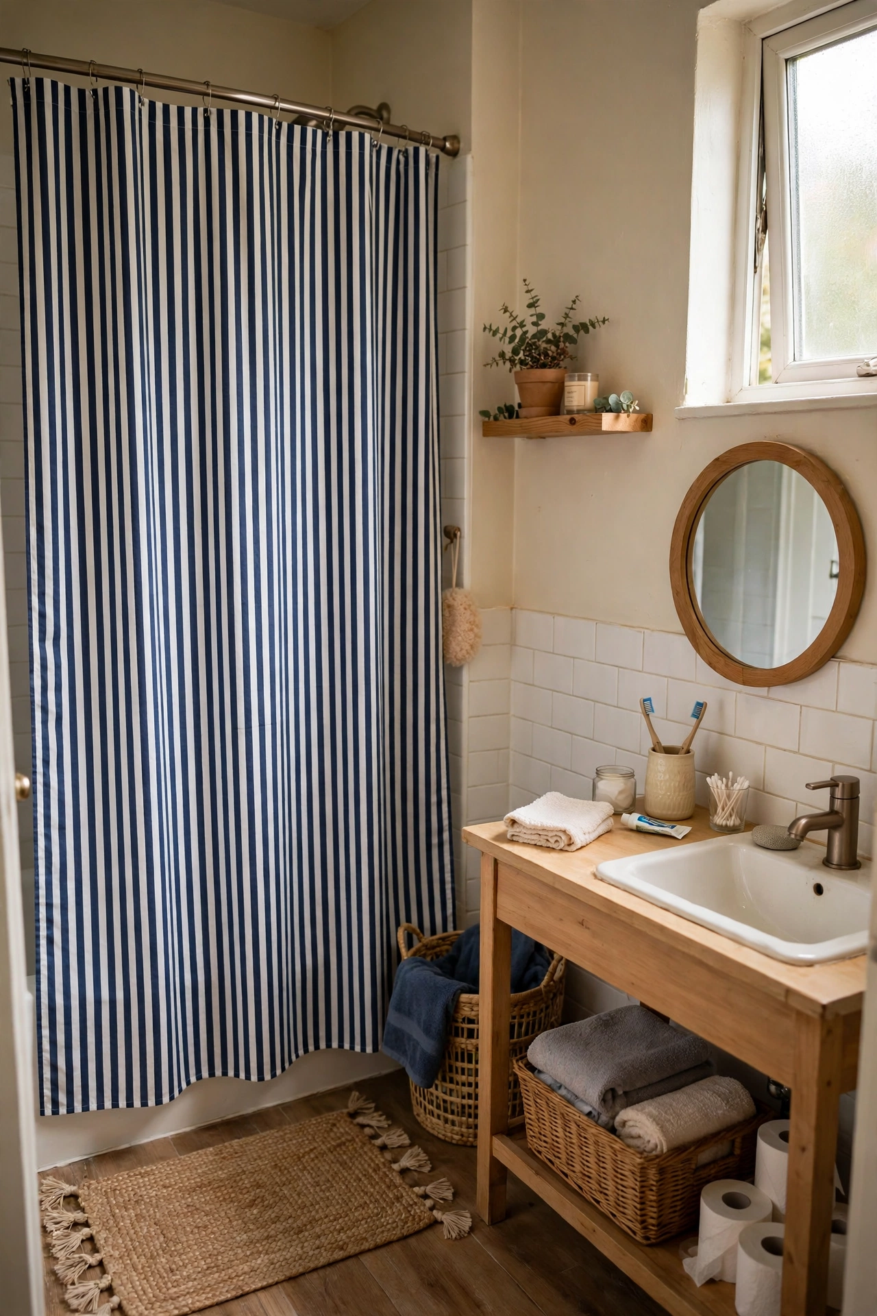 A Striped Shower Curtain in Navy and White in a cozy budget bathroom with soft natural light