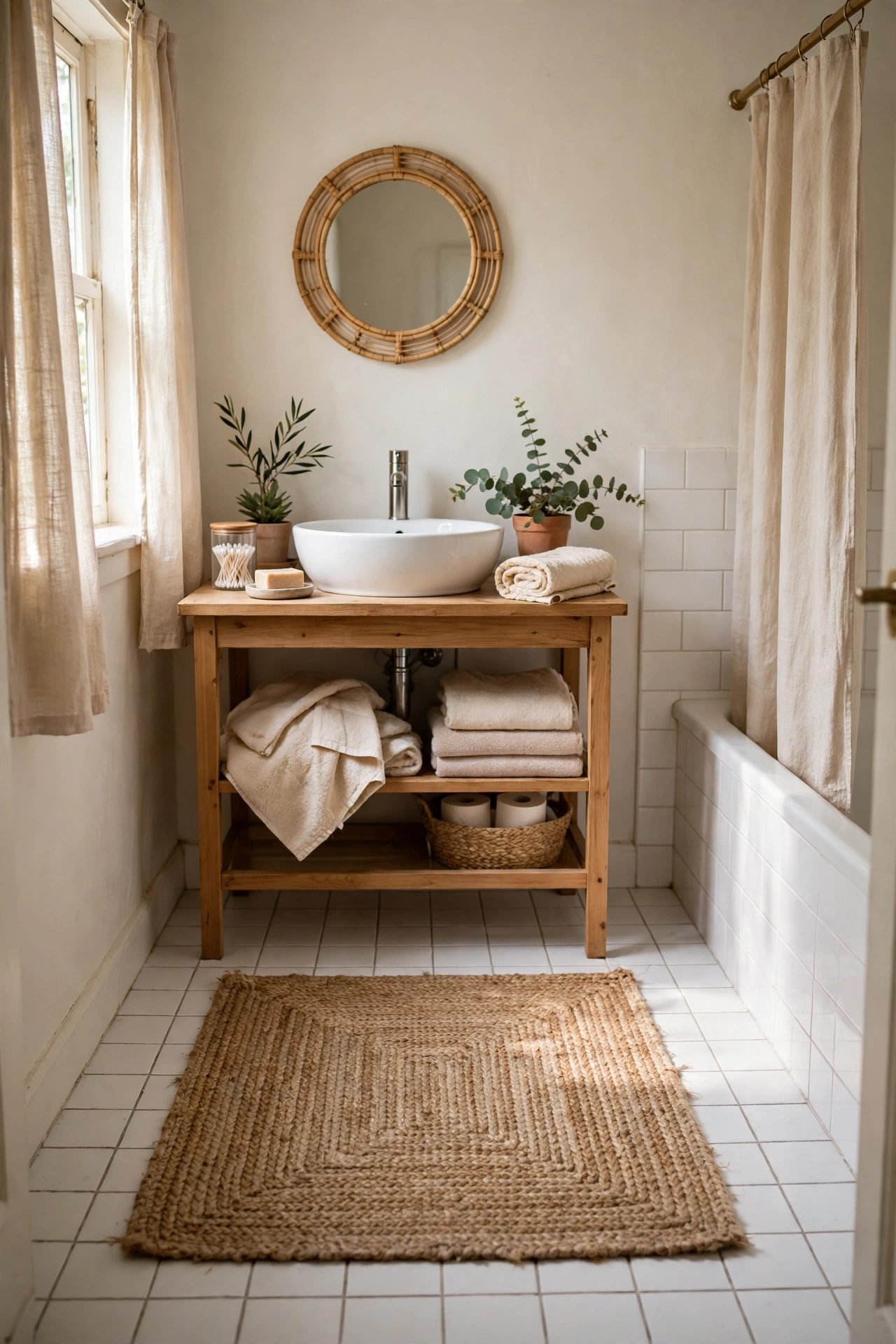 Jute Rug That Feels Like Barefoot Summer in a cozy budget bathroom with soft natural light