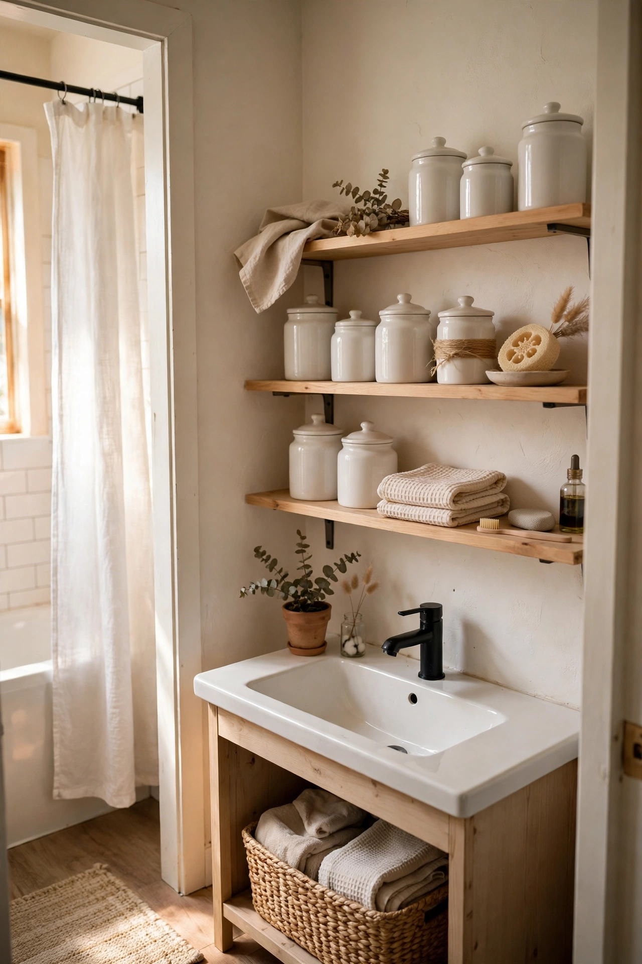Open Shelving With White Ceramic Jars in a cozy budget bathroom with soft natural light