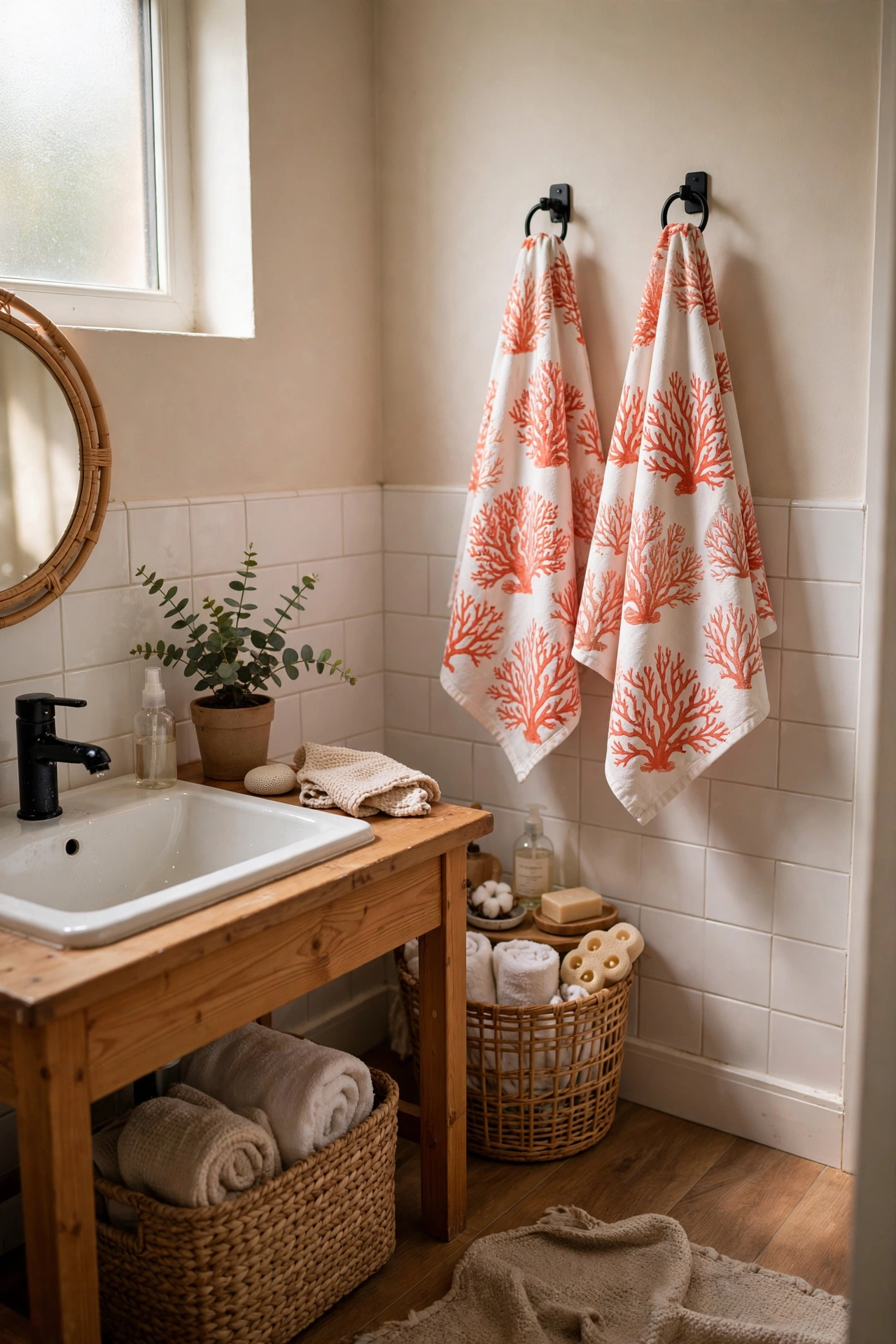 Coral-Print Hand Towels as a Cheap Pop of Colour in a cozy budget bathroom with soft natural light