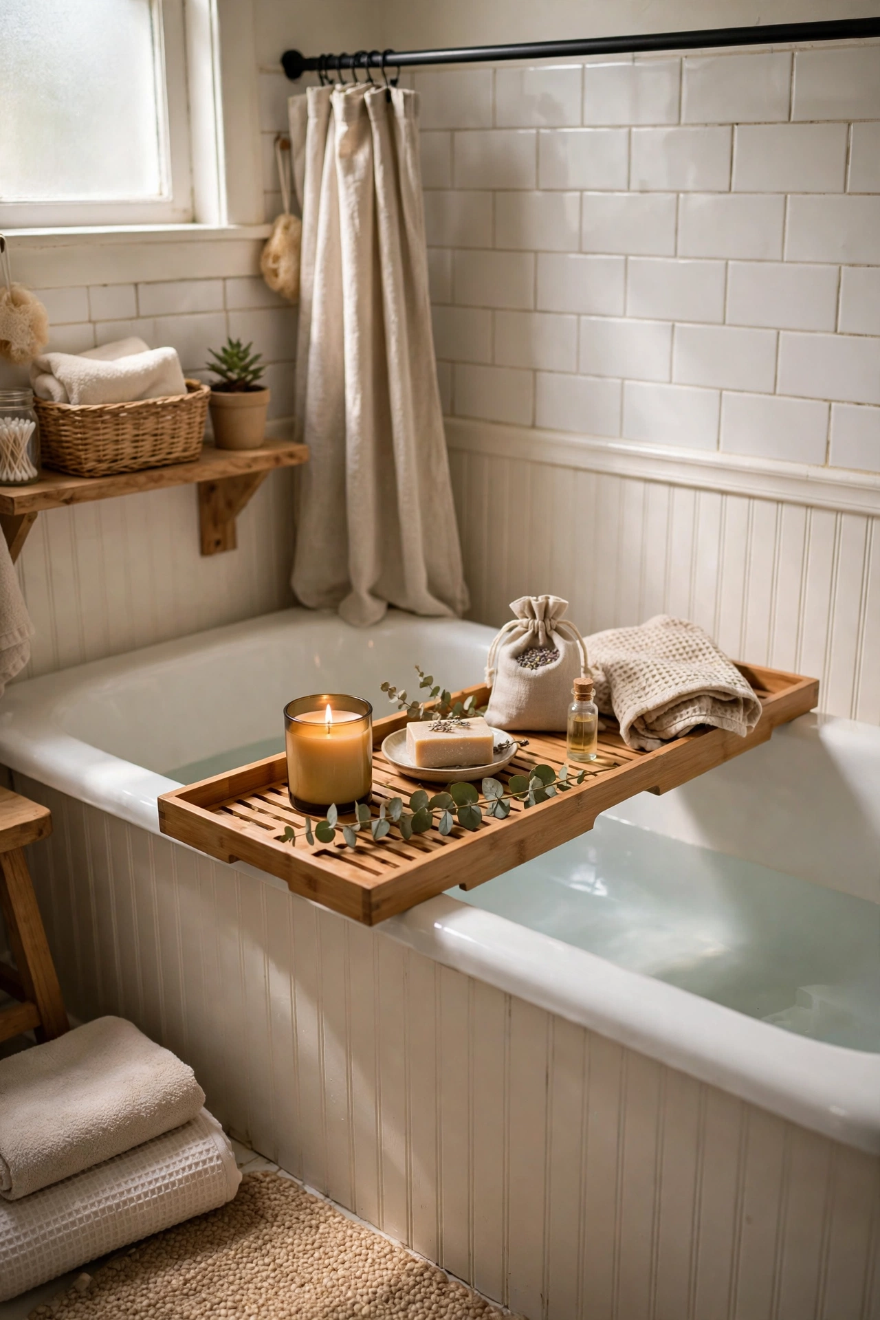 A Wooden Bath Tray for Slow Weekend Soaks in a cozy budget bathroom with soft natural light