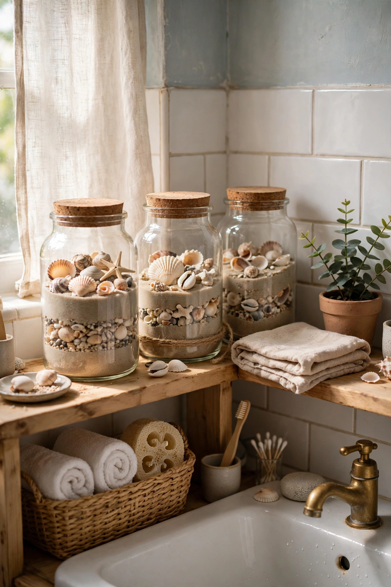 Glass Jars Filled With Sand and Shells in a cozy budget bathroom with soft natural light