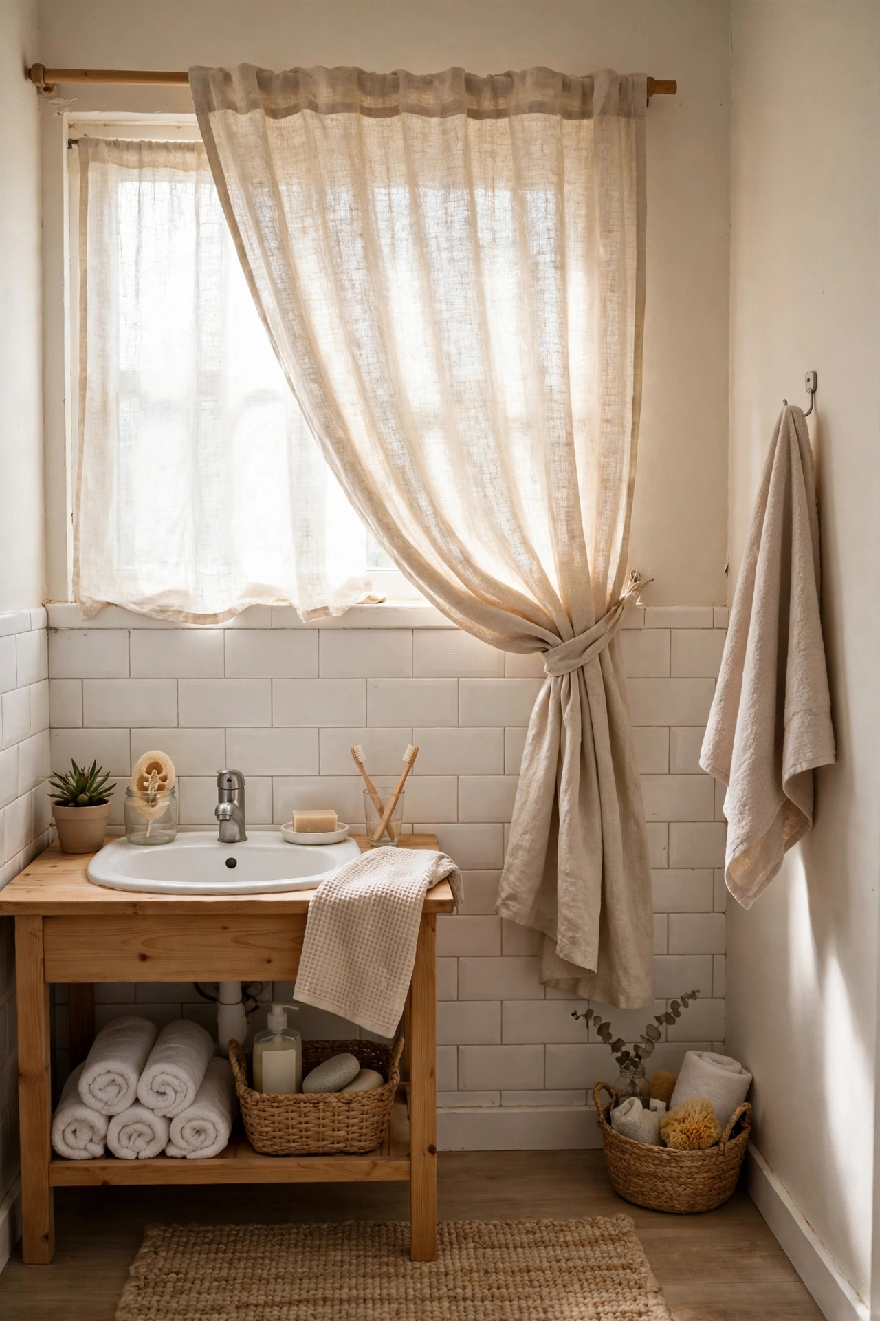 Light Linen Curtain Instead of a Heavy Blind in a cozy budget bathroom with soft natural light