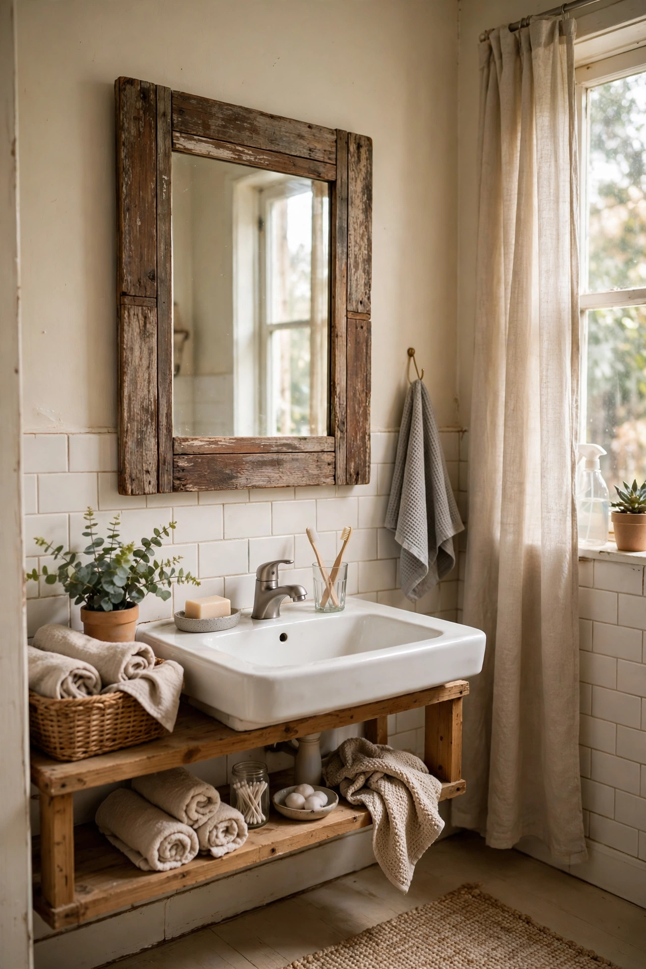 Weathered Wood Frame Around the Mirror in a cozy budget bathroom with soft natural light