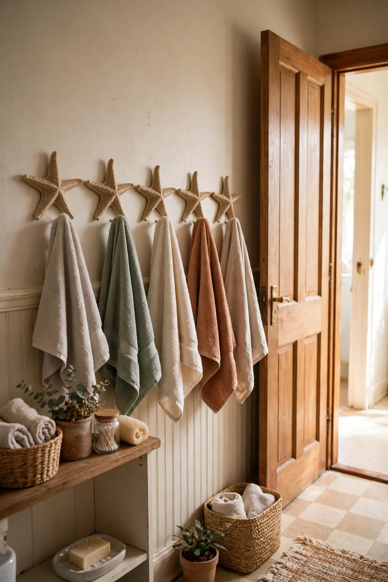 A Starfish Towel Hook Row by the Door in a cozy budget bathroom with soft natural light