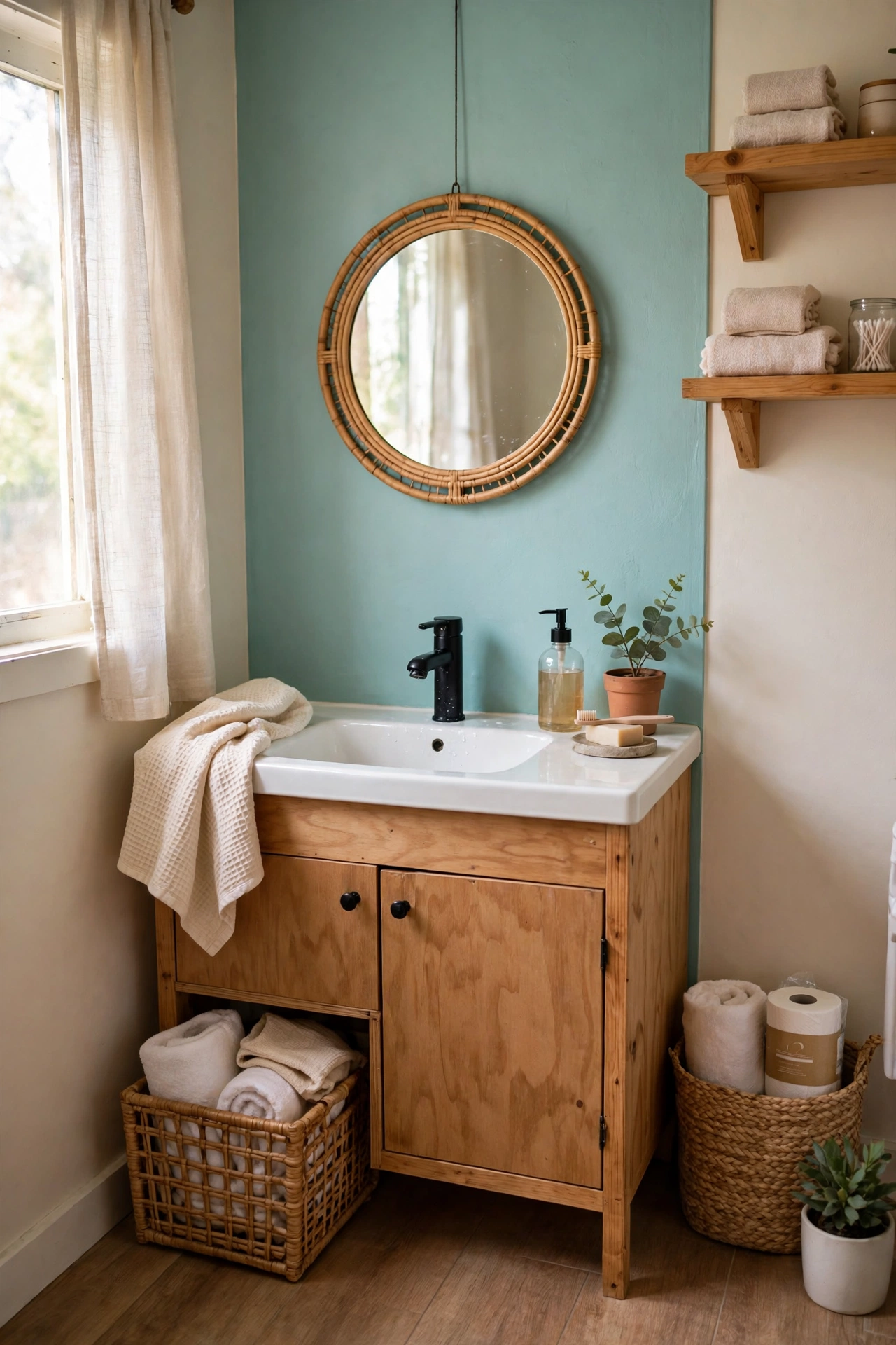 Aqua Accent Wall Behind the Vanity in a cozy budget bathroom with soft natural light