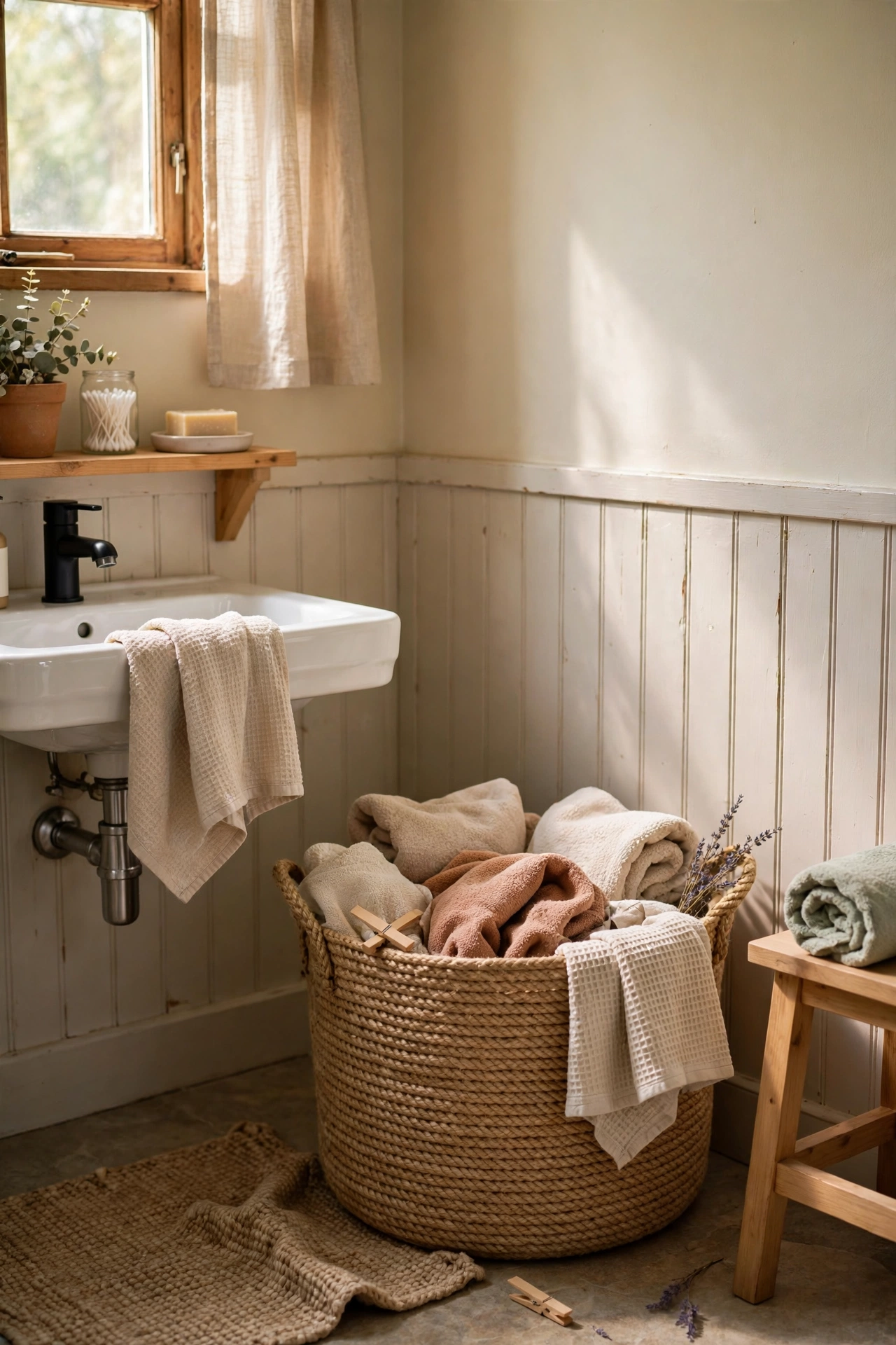 Rope Basket for Laundry That Looks Like Decor in a cozy budget bathroom with soft natural light
