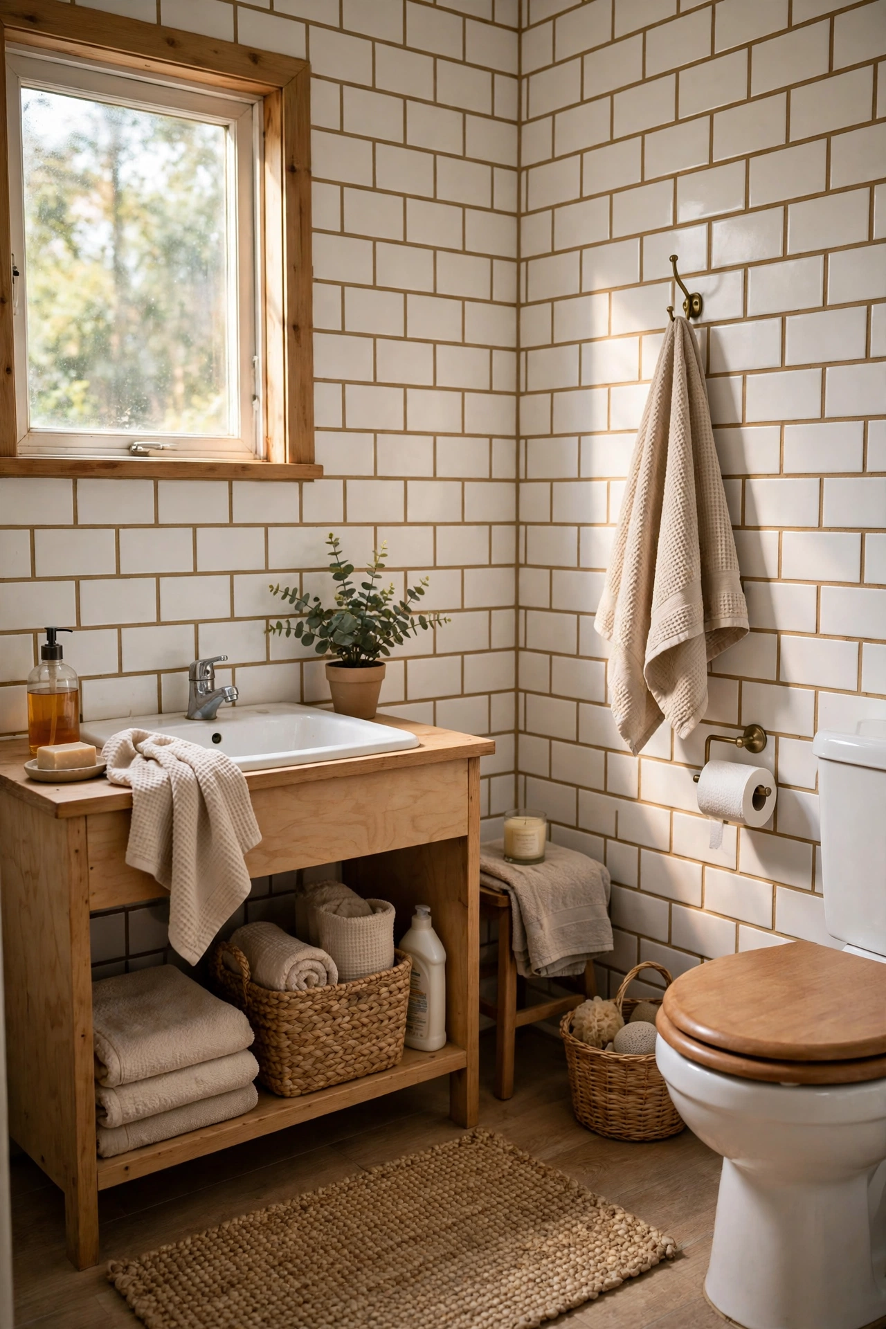 White Subway Tile With Sandy Grout in a cozy budget bathroom with soft natural light