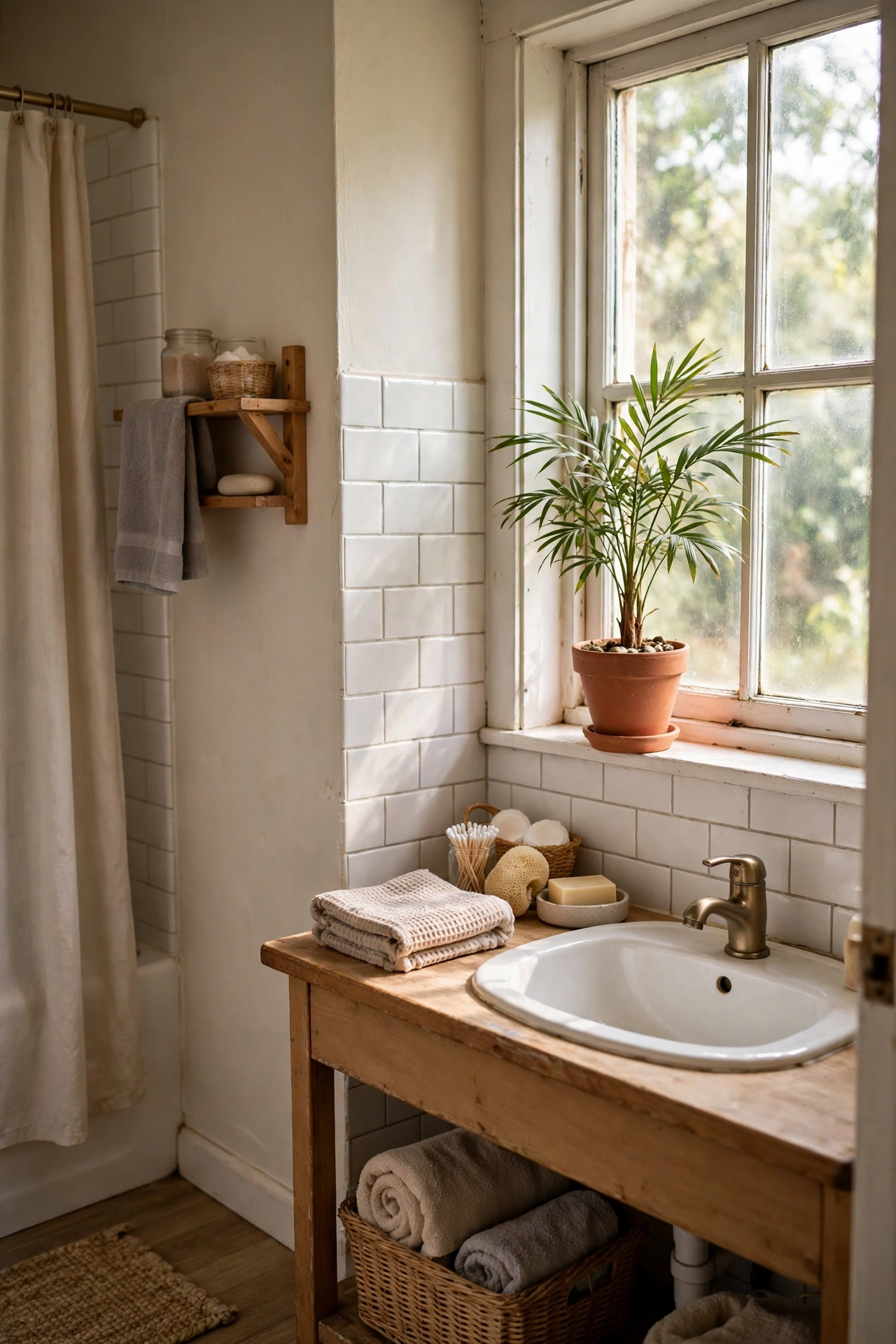 A Small Potted Palm on the Windowsill in a cozy budget bathroom with soft natural light