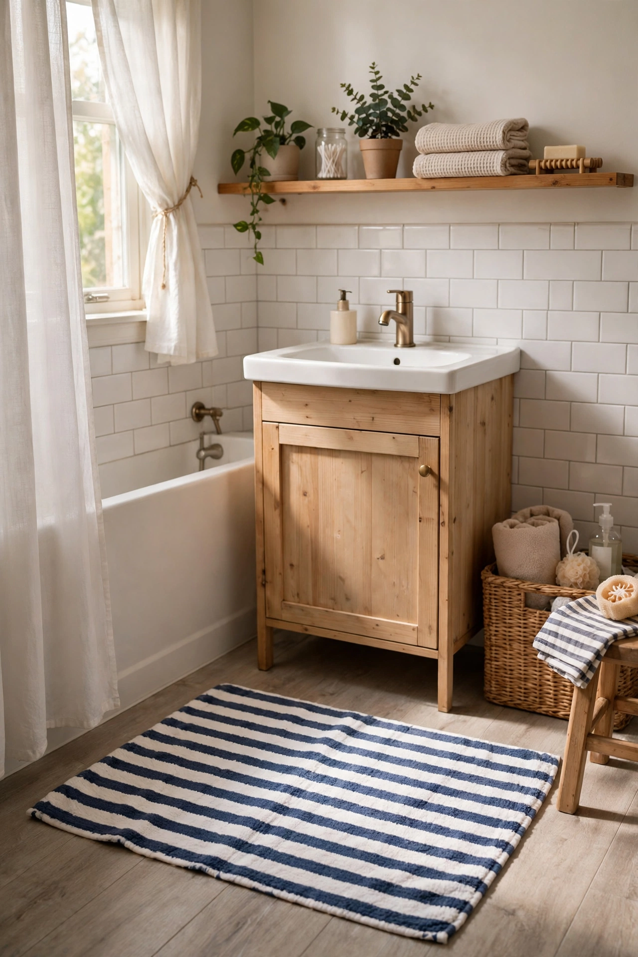 Nautical Stripe Bath Mat in Soft Cotton in a cozy budget bathroom with soft natural light