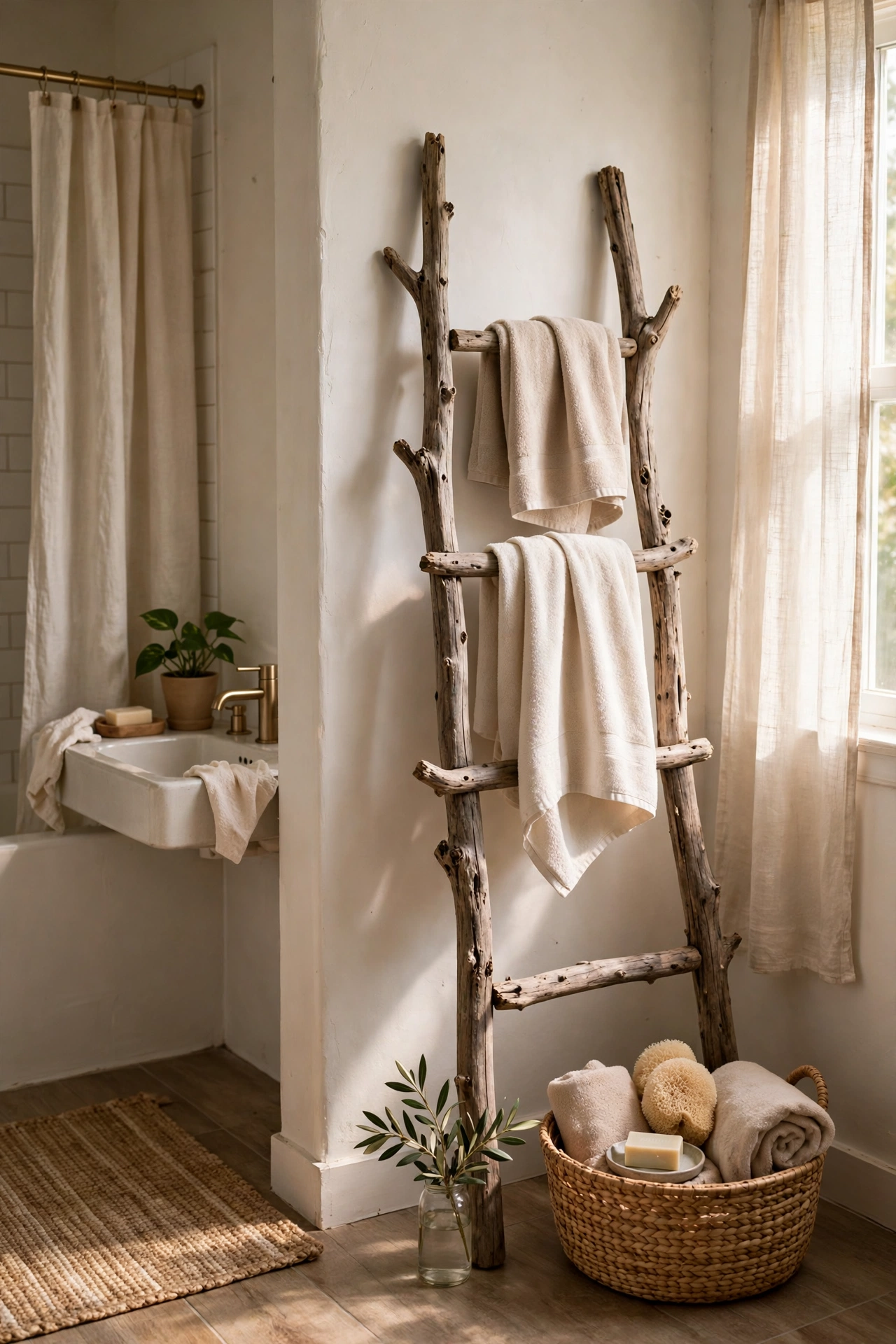 Driftwood Towel Ladder Leaning on the Wall in a cozy budget bathroom with soft natural light