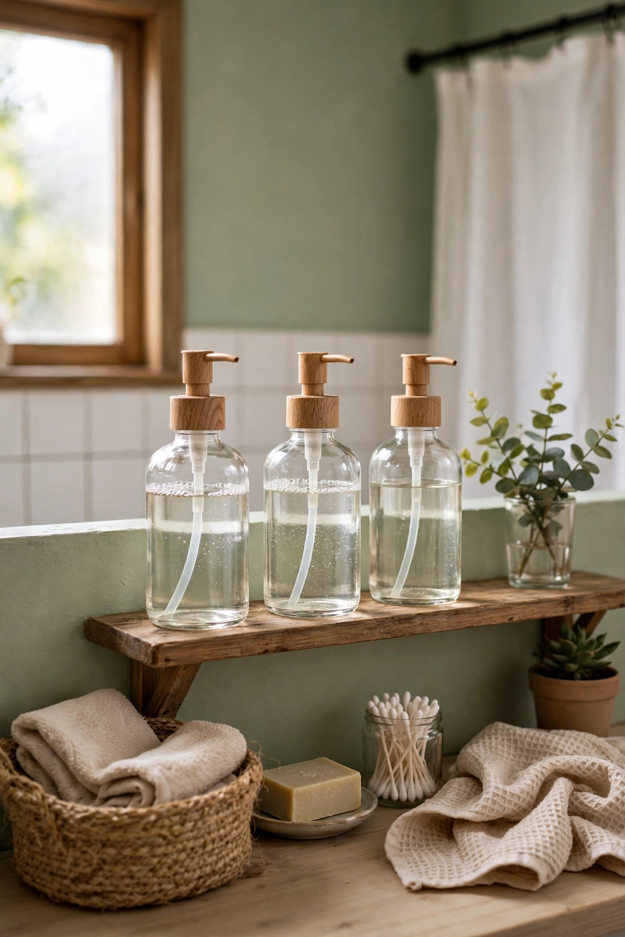Clear Glass Soap Dispensers With Wooden Pumps in a cozy budget bathroom with soft natural light