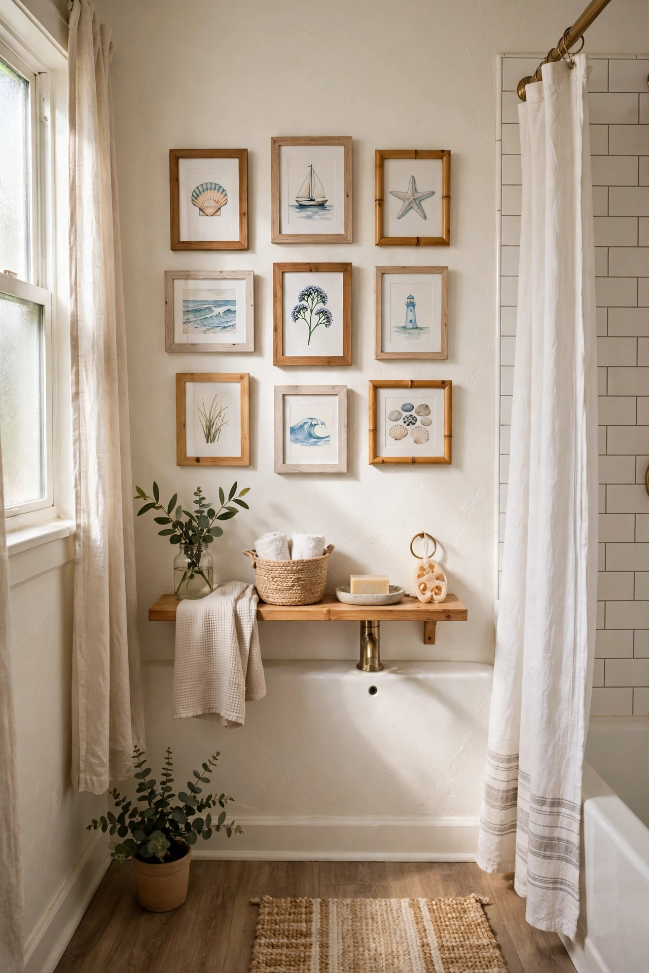 A Coastal Gallery Wall of Small Framed Prints in a cozy budget bathroom with soft natural light