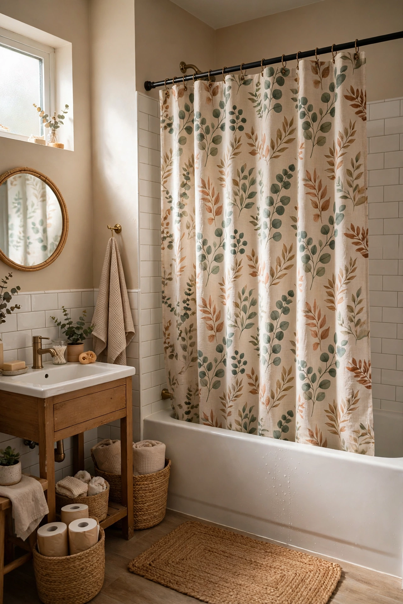 Swap the Shower Curtain for a Whole New Mood in a cozy budget bathroom with soft natural light