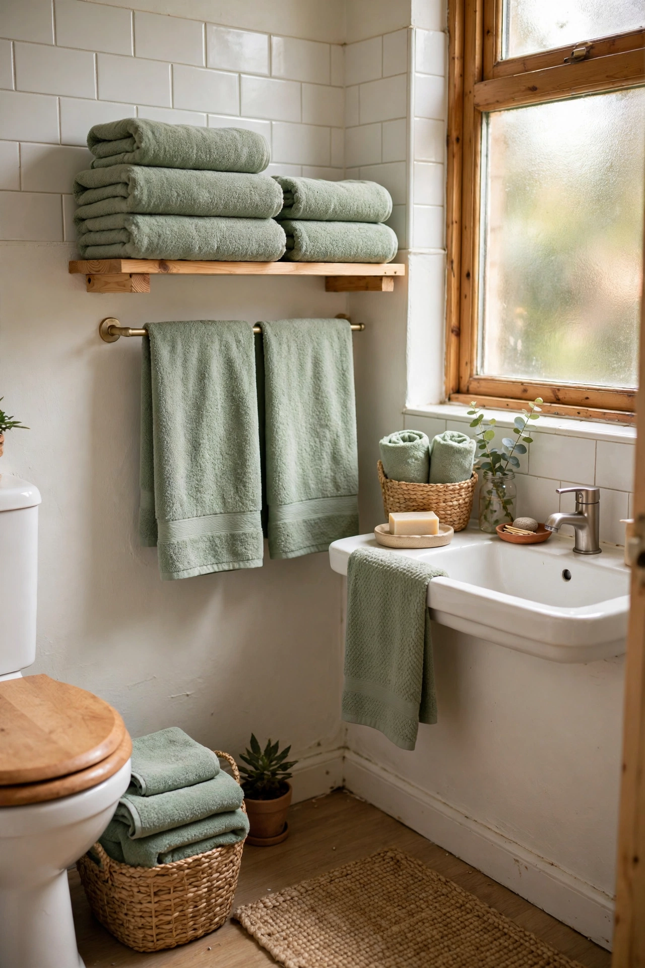 New Towels in One Coordinated Colour Story in a cozy budget bathroom with soft natural light