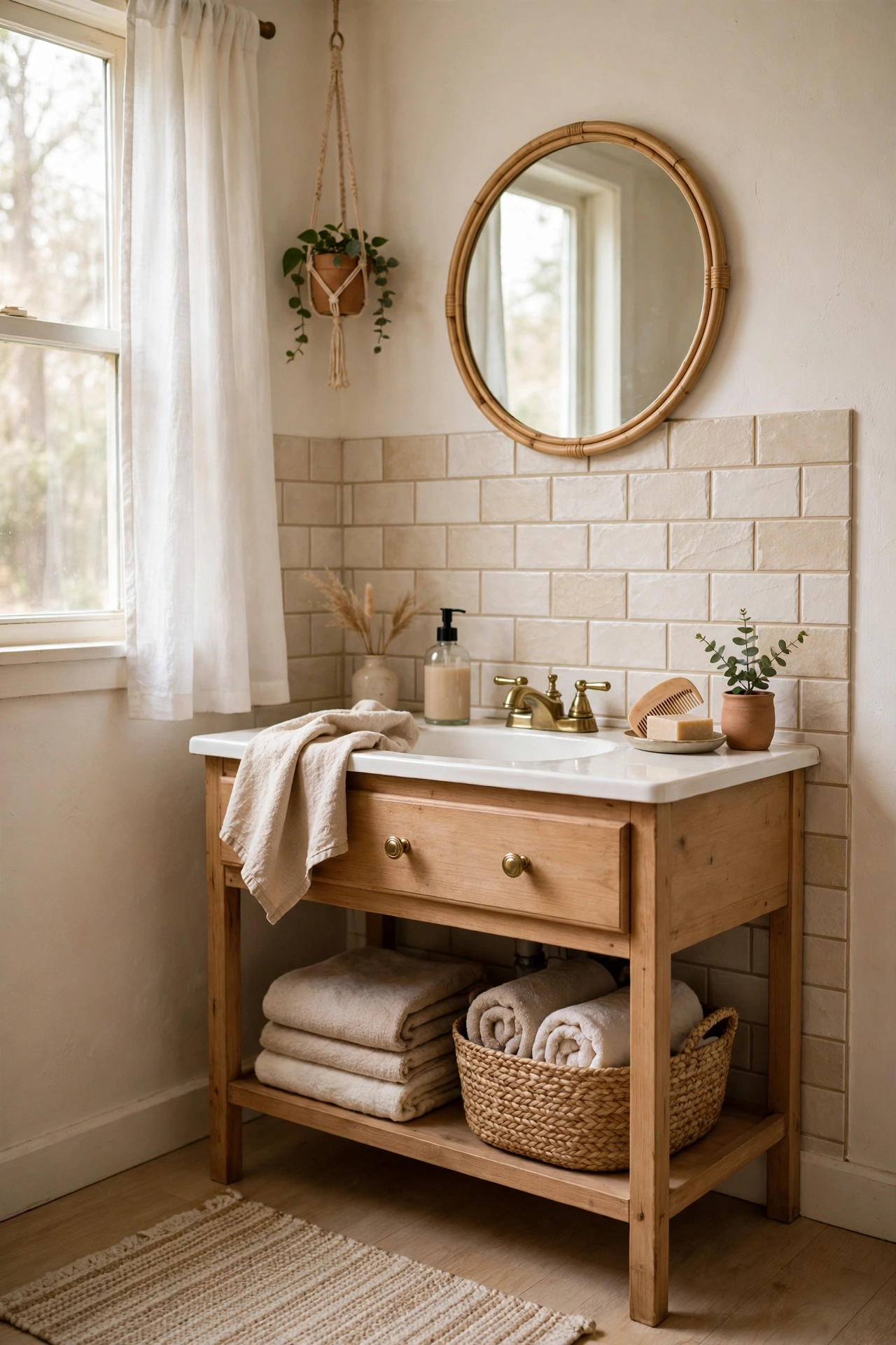 Peel-and-Stick Tiles Behind the Vanity in a cozy budget bathroom with soft natural light
