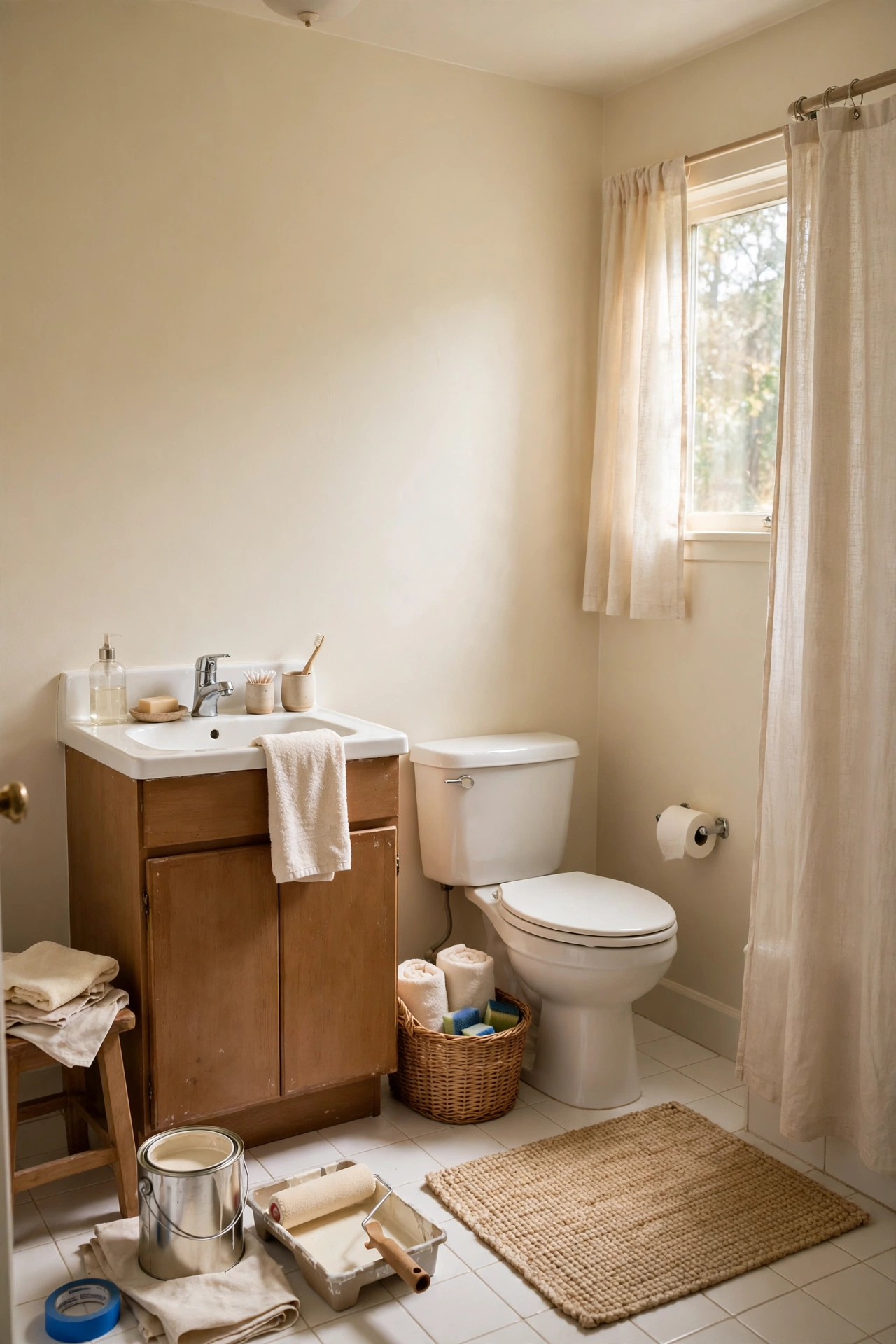 A Fresh Coat of Paint on the Walls Only in a cozy budget bathroom with soft natural light