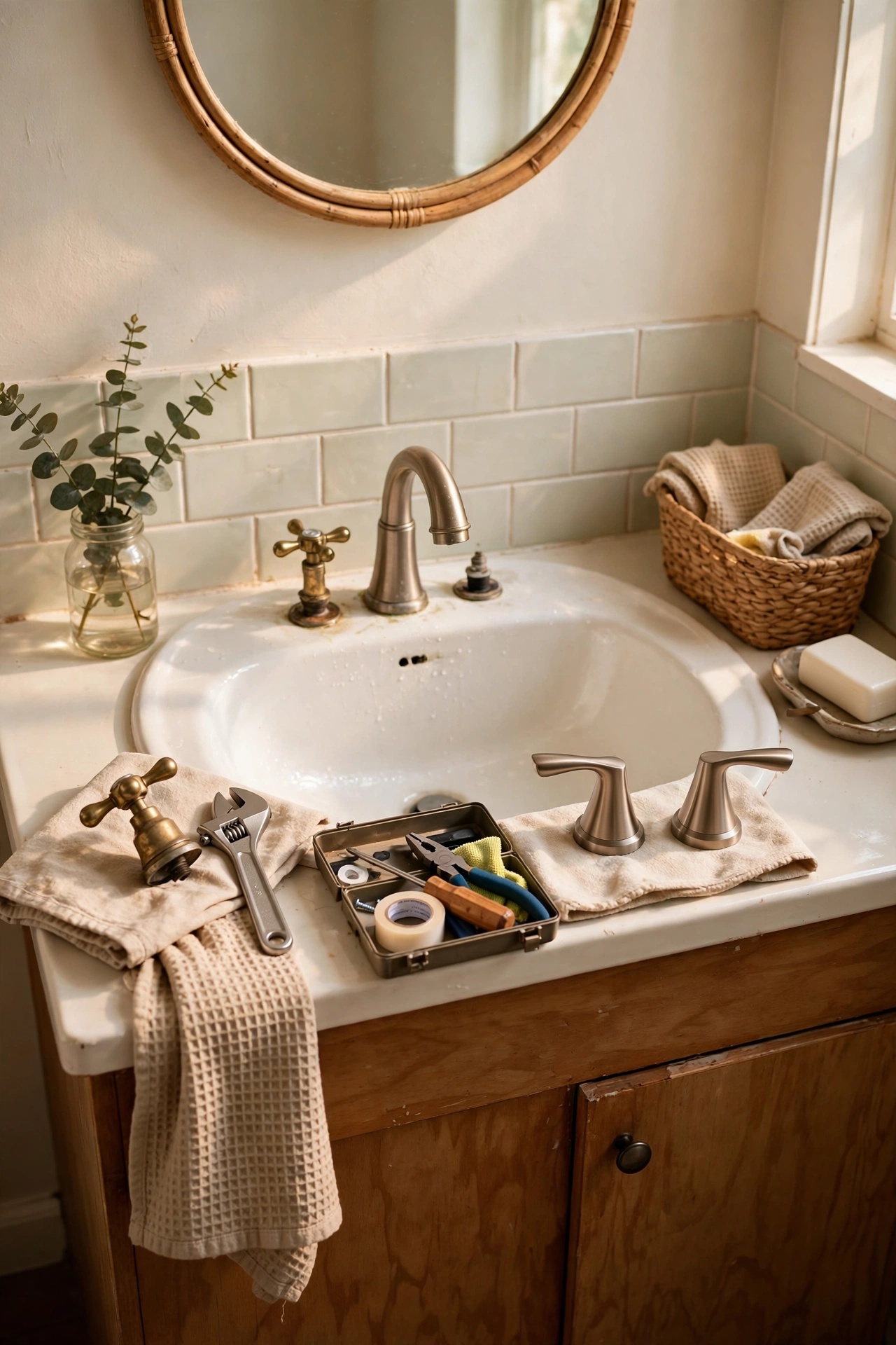 Replace Dated Faucet Handles in an Afternoon in a cozy budget bathroom with soft natural light