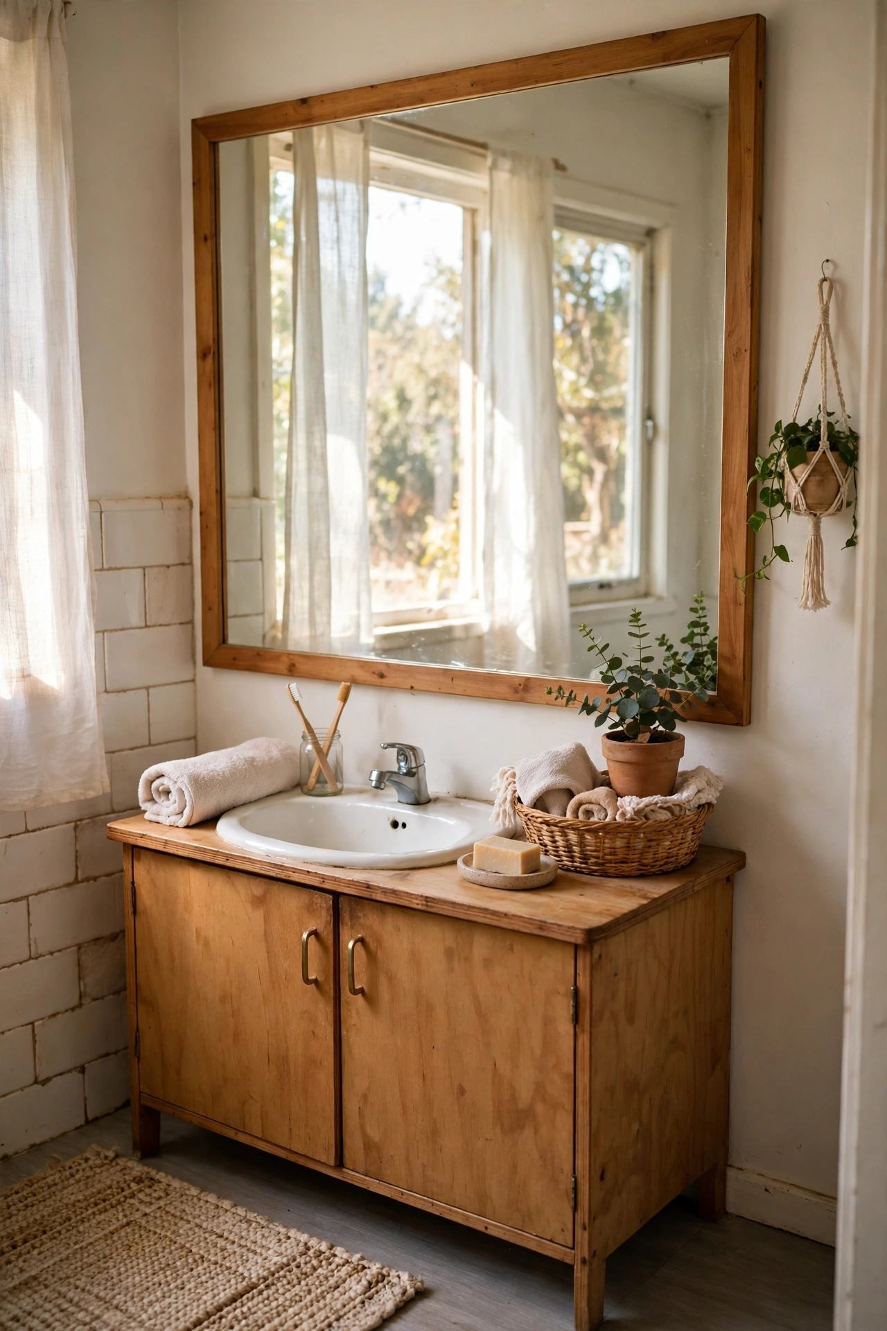 A Large Mirror That Doubles the Light in a cozy budget bathroom with soft natural light