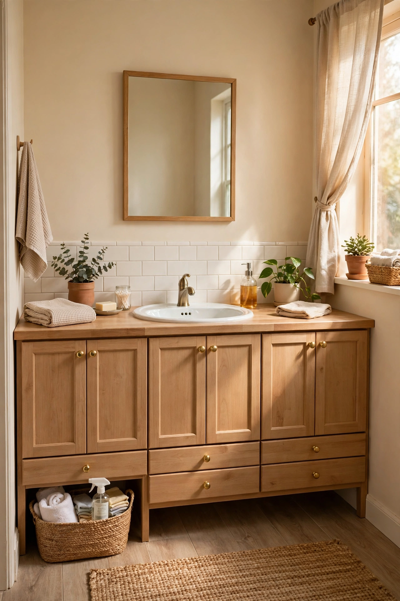 New Cabinet Knobs Across the Whole Vanity in a cozy budget bathroom with soft natural light