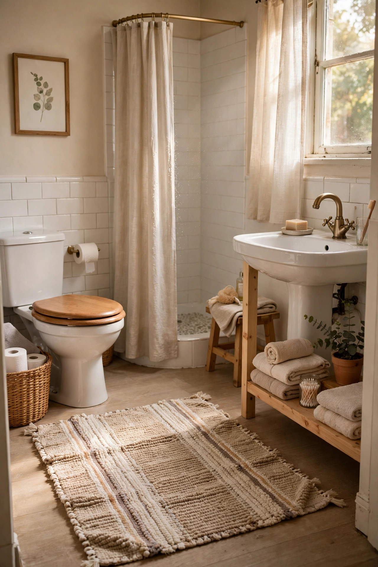 A Bath Mat That Anchors the Room in a cozy budget bathroom with soft natural light