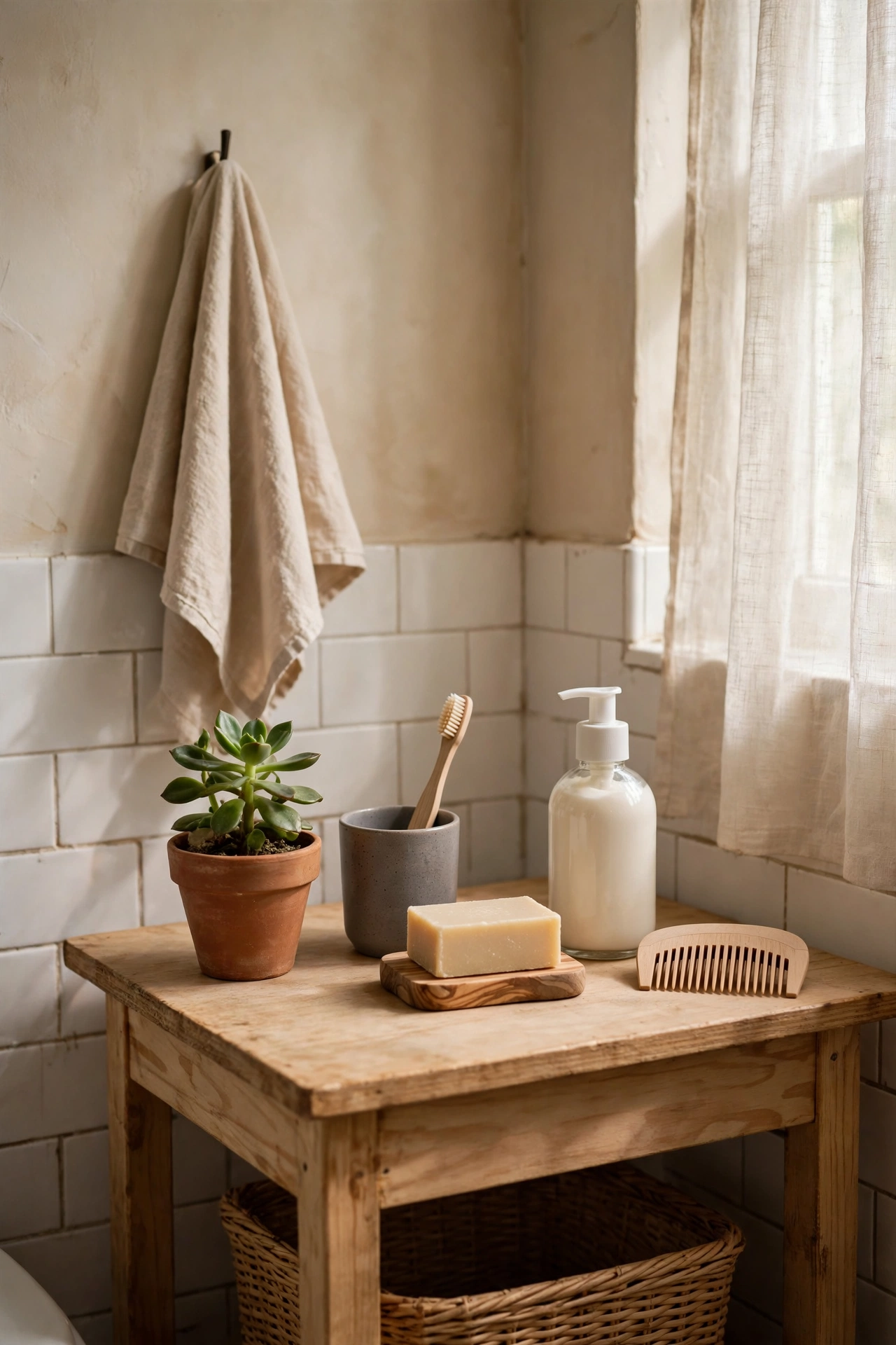 Declutter the Counter Down to Five Things in a cozy budget bathroom with soft natural light