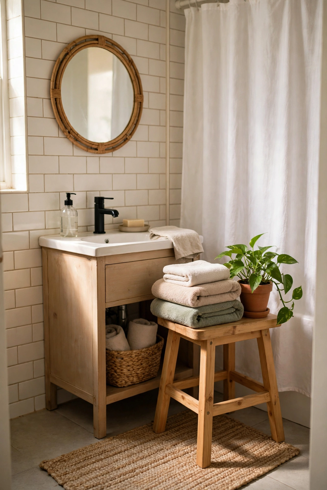 Add a Wooden Stool for Towels and a Plant in a cozy budget bathroom with soft natural light