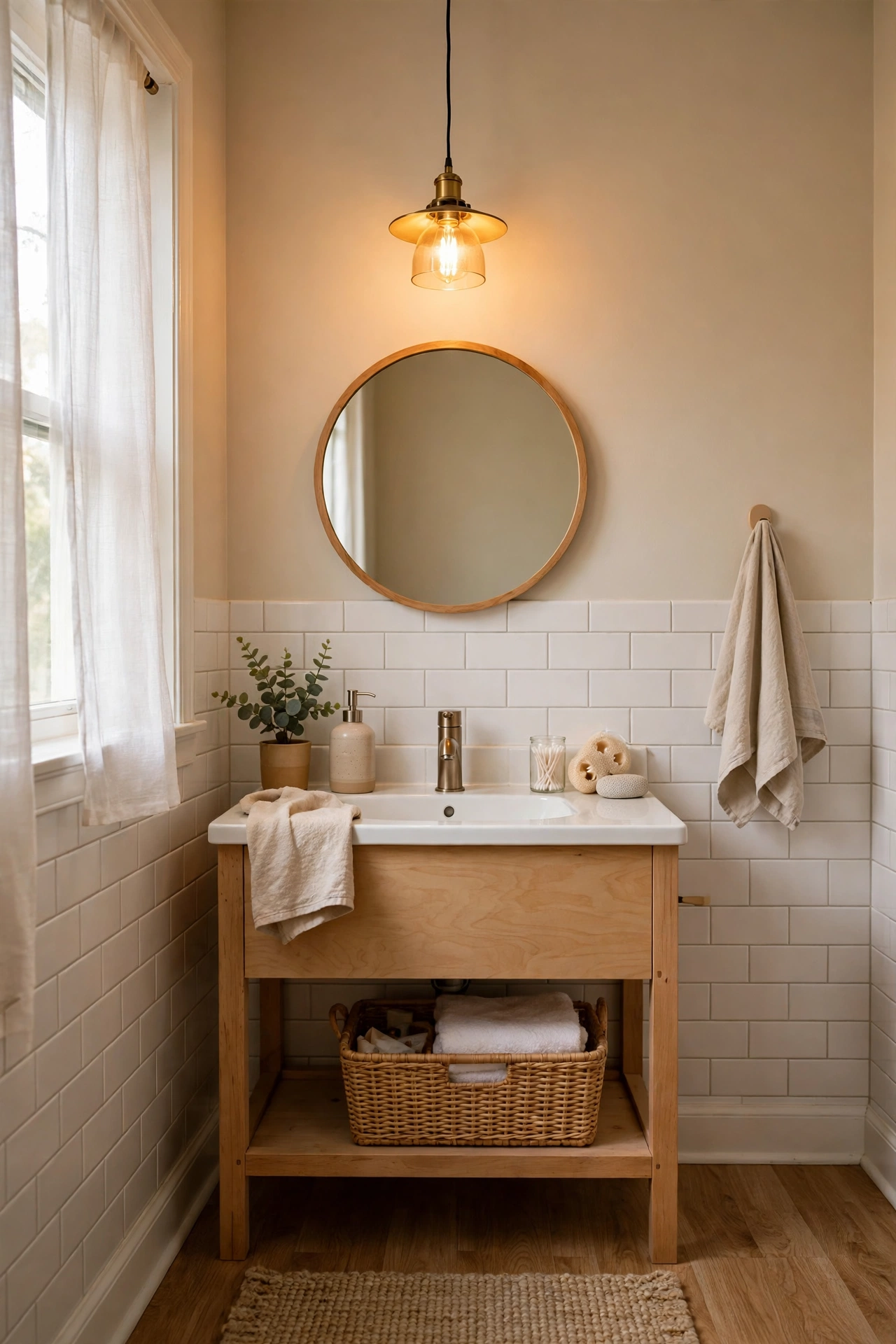 Swap the Light Fixture for Warm Glow in a cozy budget bathroom with soft natural light