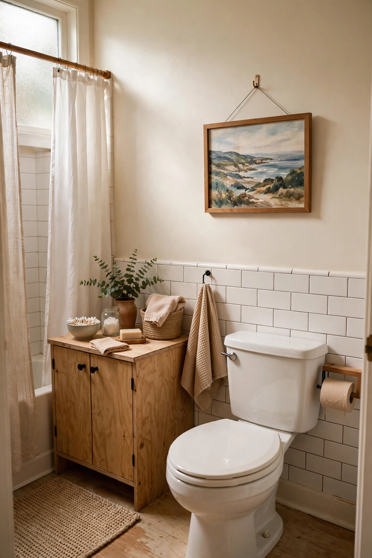 Hang Art You Already Own in a New Spot in a cozy budget bathroom with soft natural light