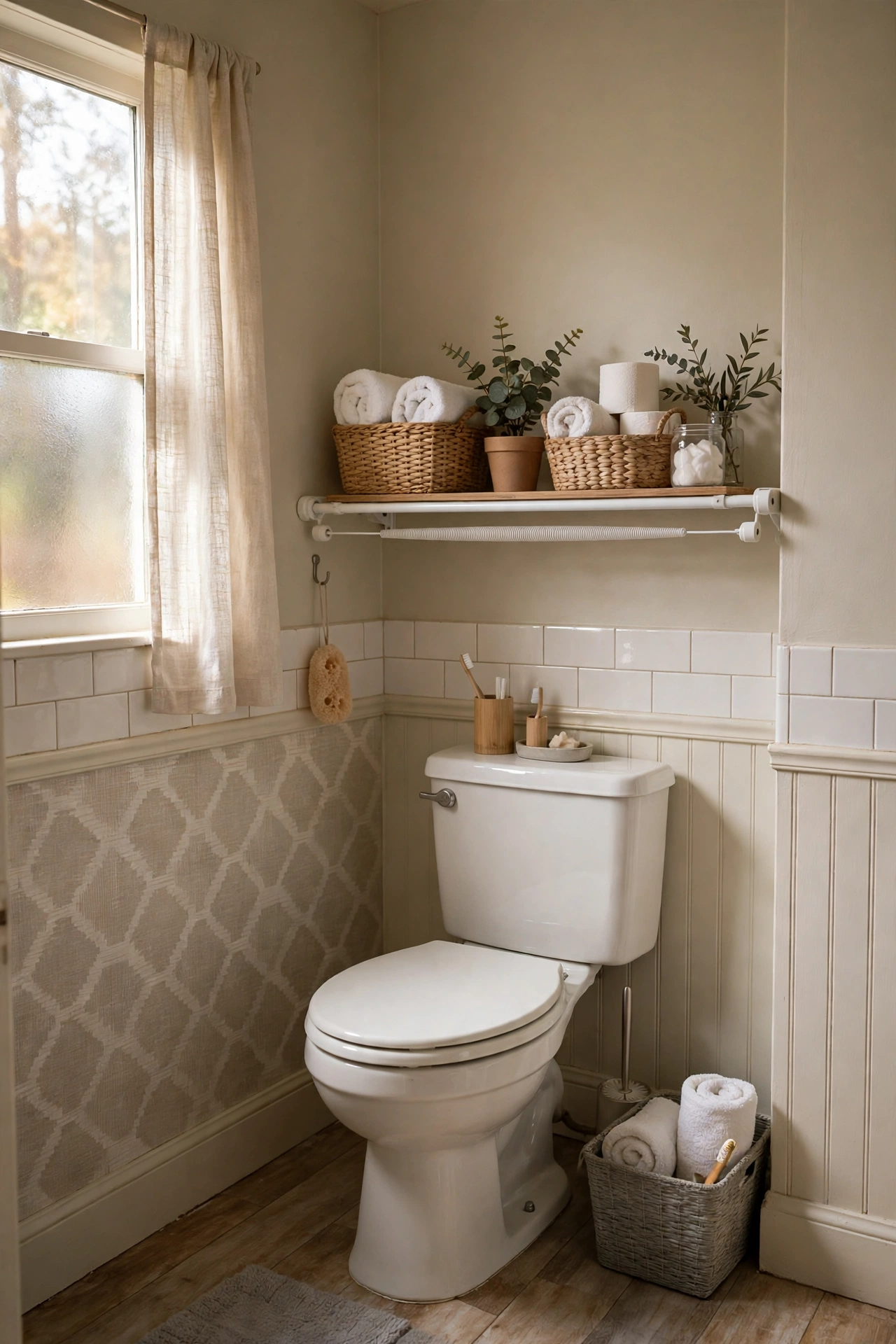 A Tension Rod Shelf Above the Toilet in a cozy budget bathroom with soft natural light