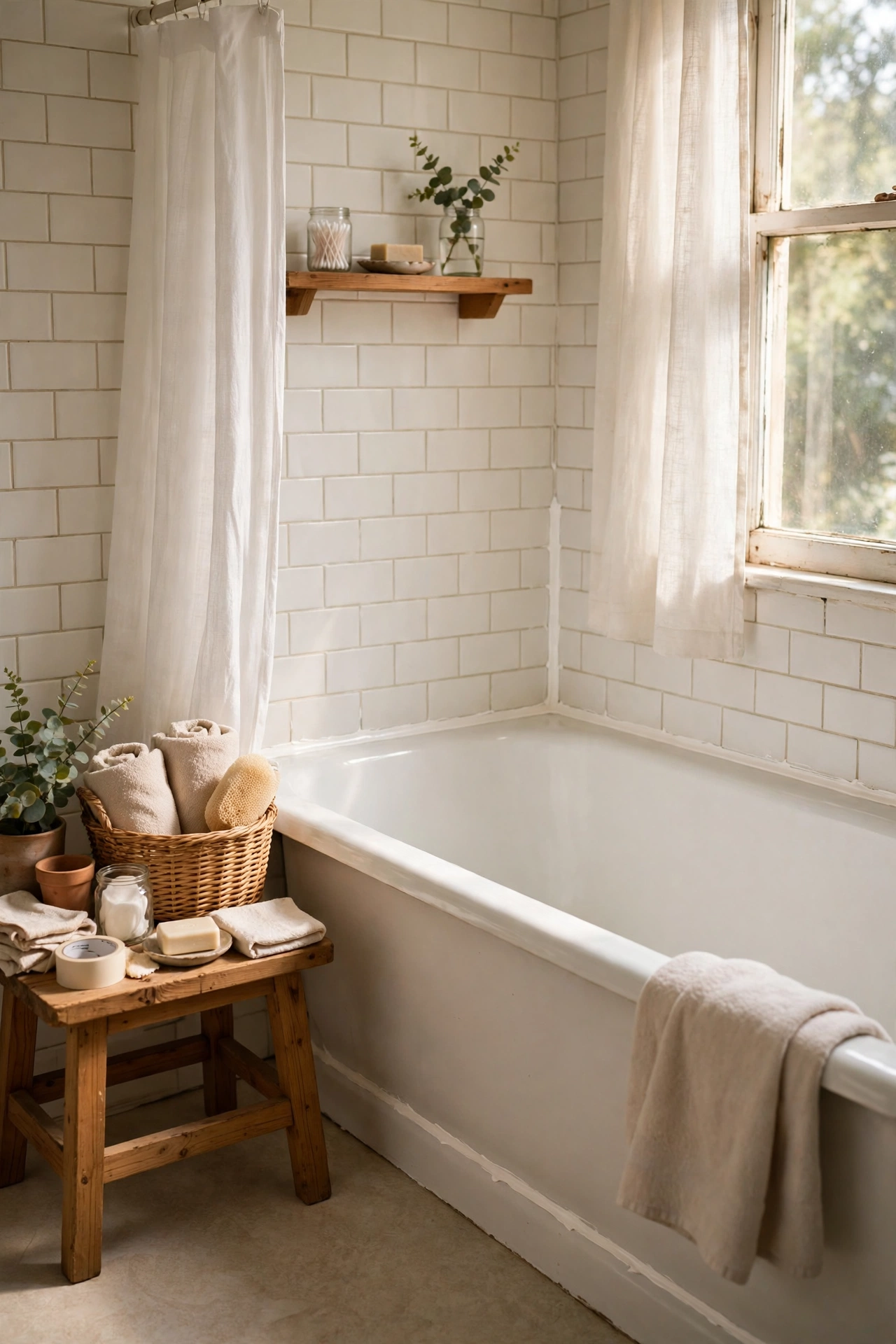 Fresh Caulk Lines Around the Tub in a cozy budget bathroom with soft natural light