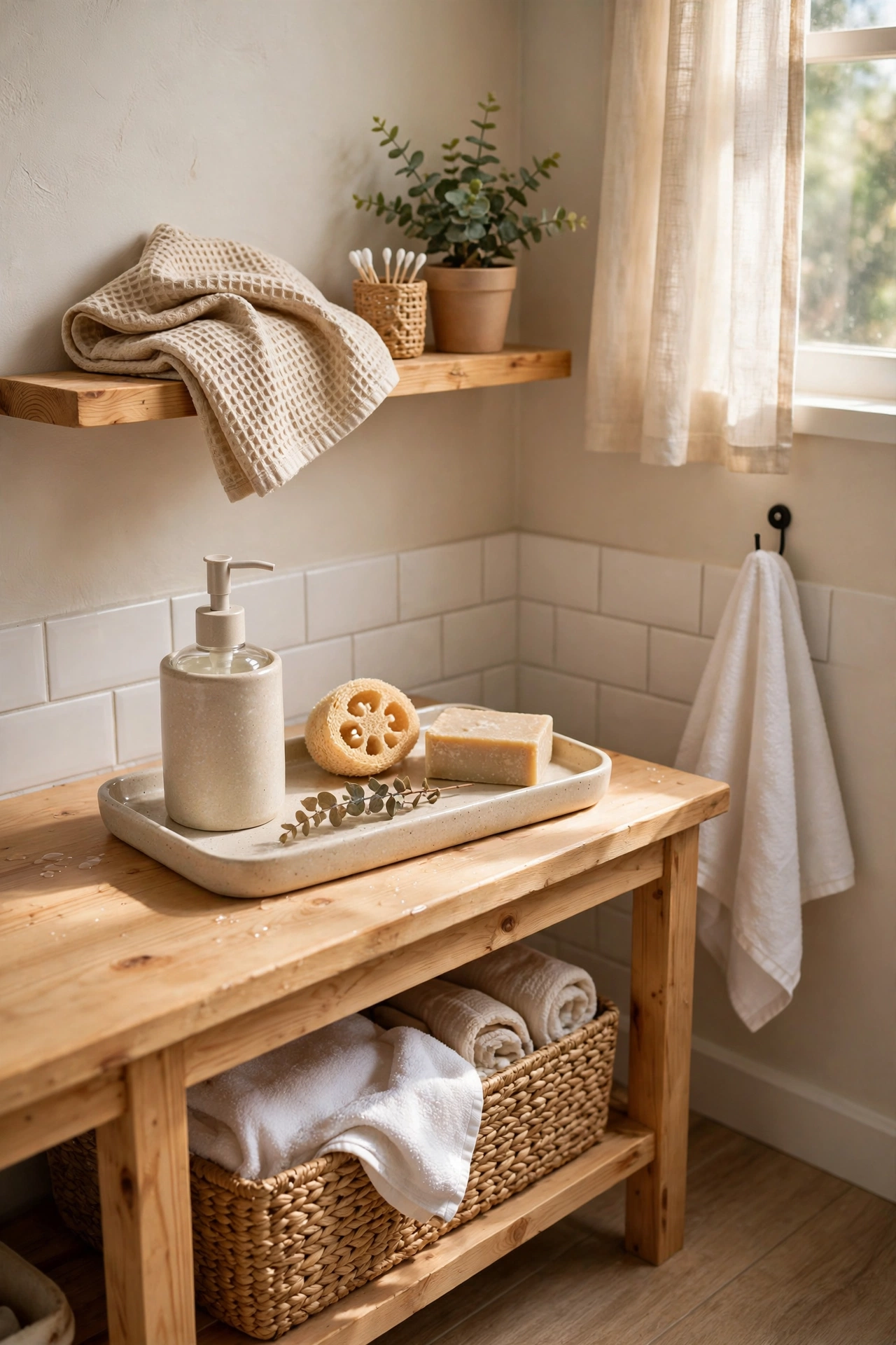 Matching Soap Dispenser and Tray Set in a cozy budget bathroom with soft natural light