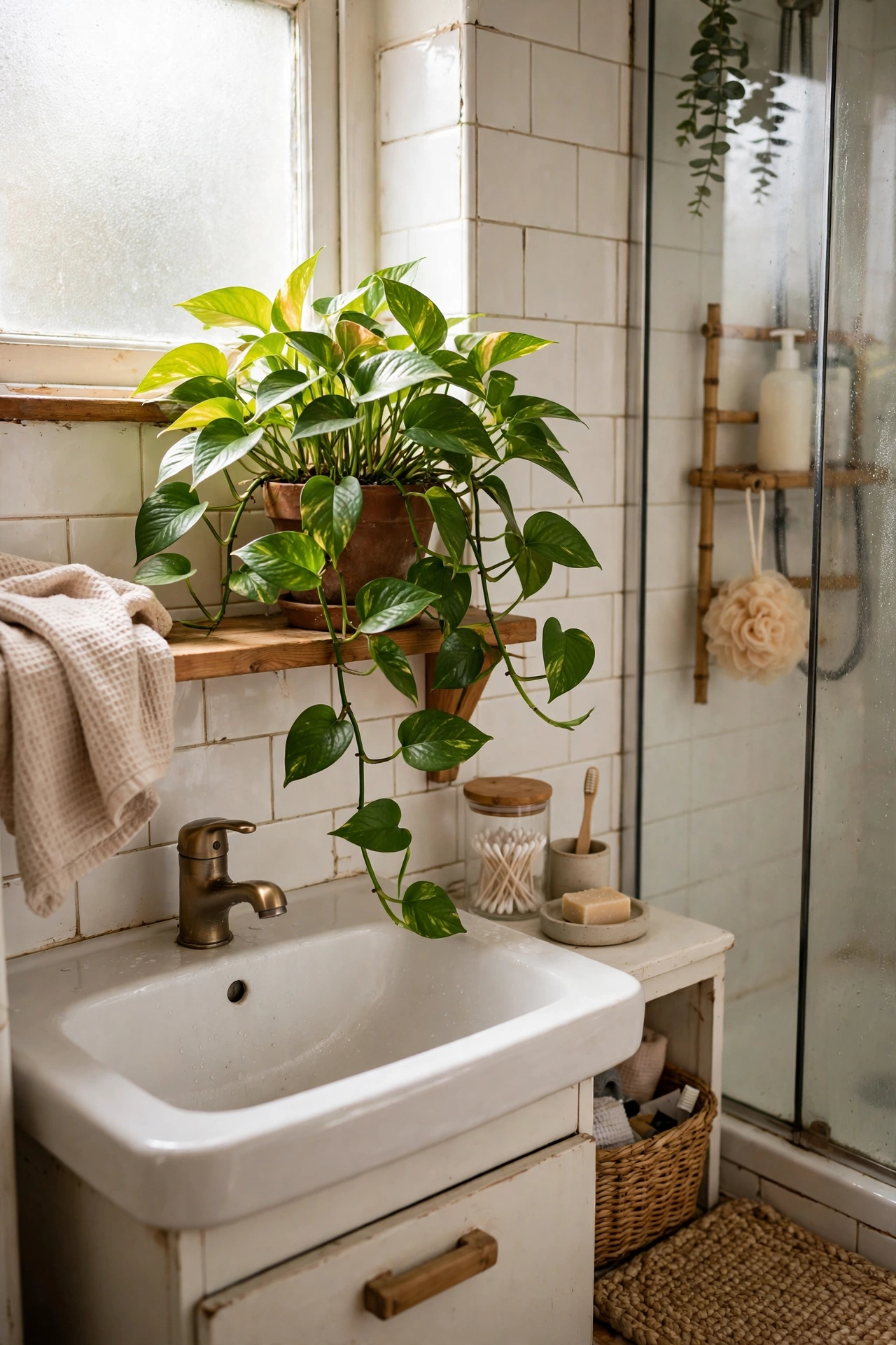 A Plant That Thrives in Humidity in a cozy budget bathroom with soft natural light