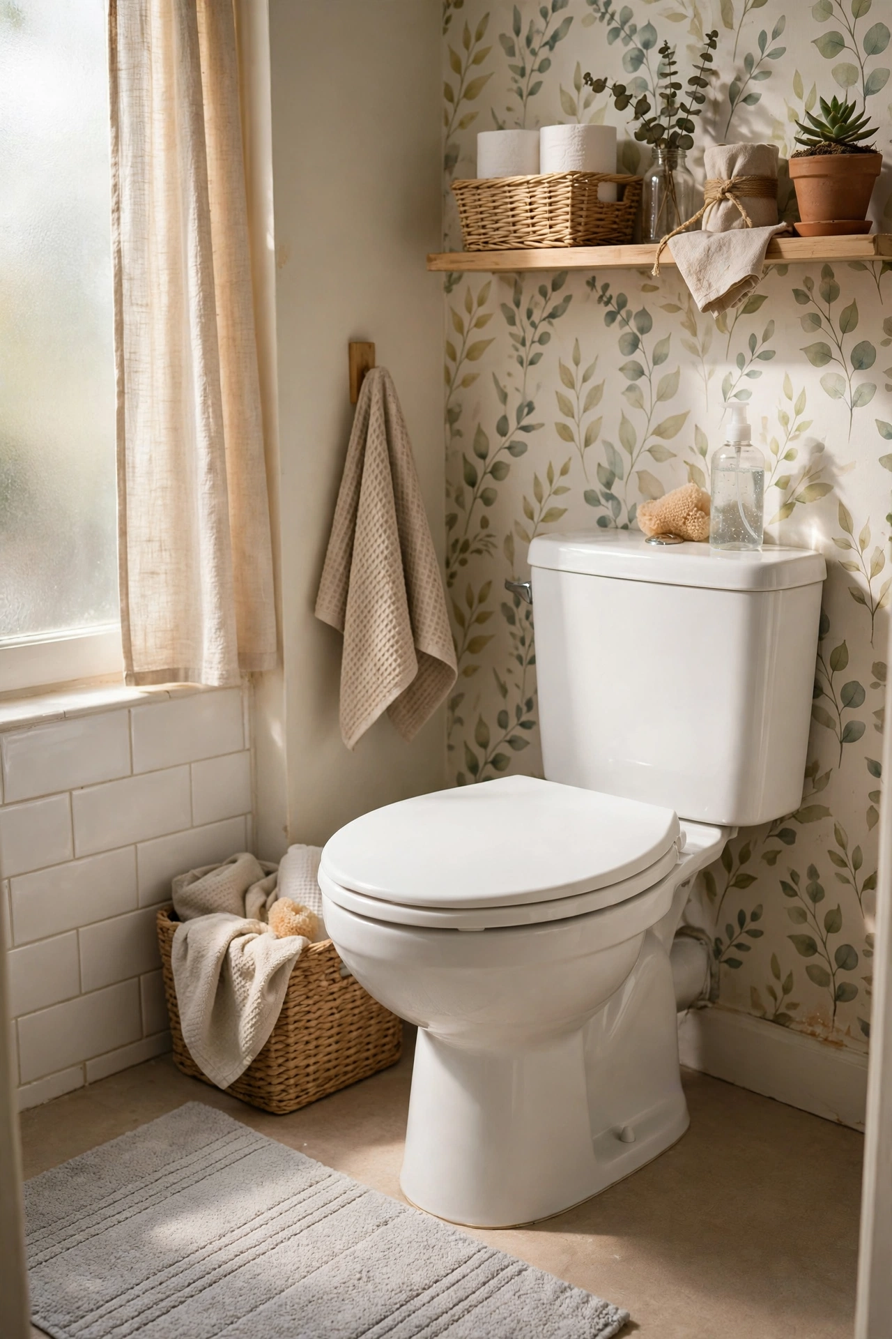 New Toilet Seat for an Instant Clean Look in a cozy budget bathroom with soft natural light