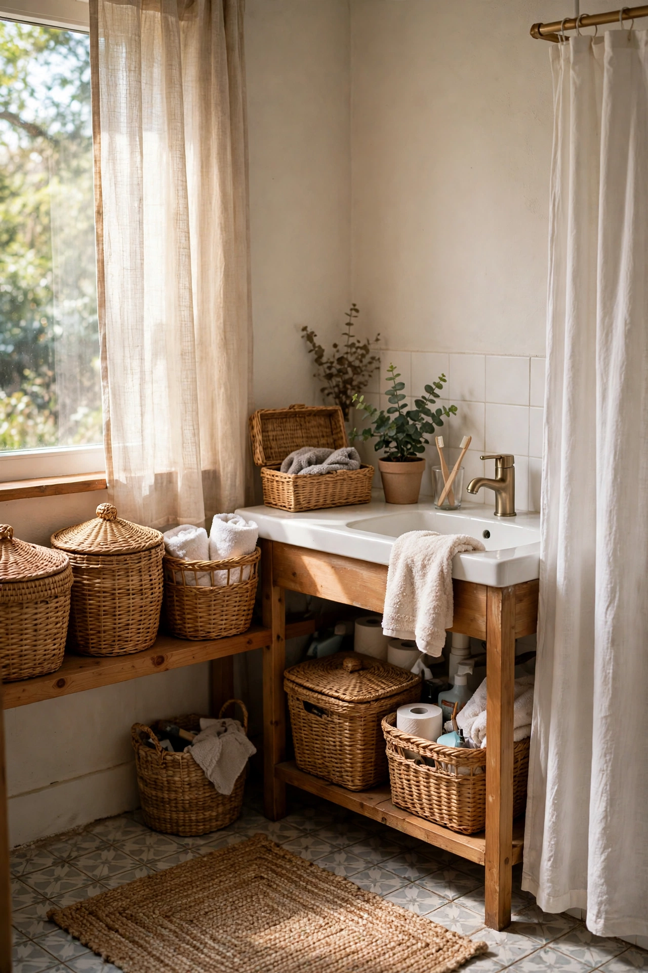 Woven Baskets to Hide Everyday Clutter in a cozy budget bathroom with soft natural light