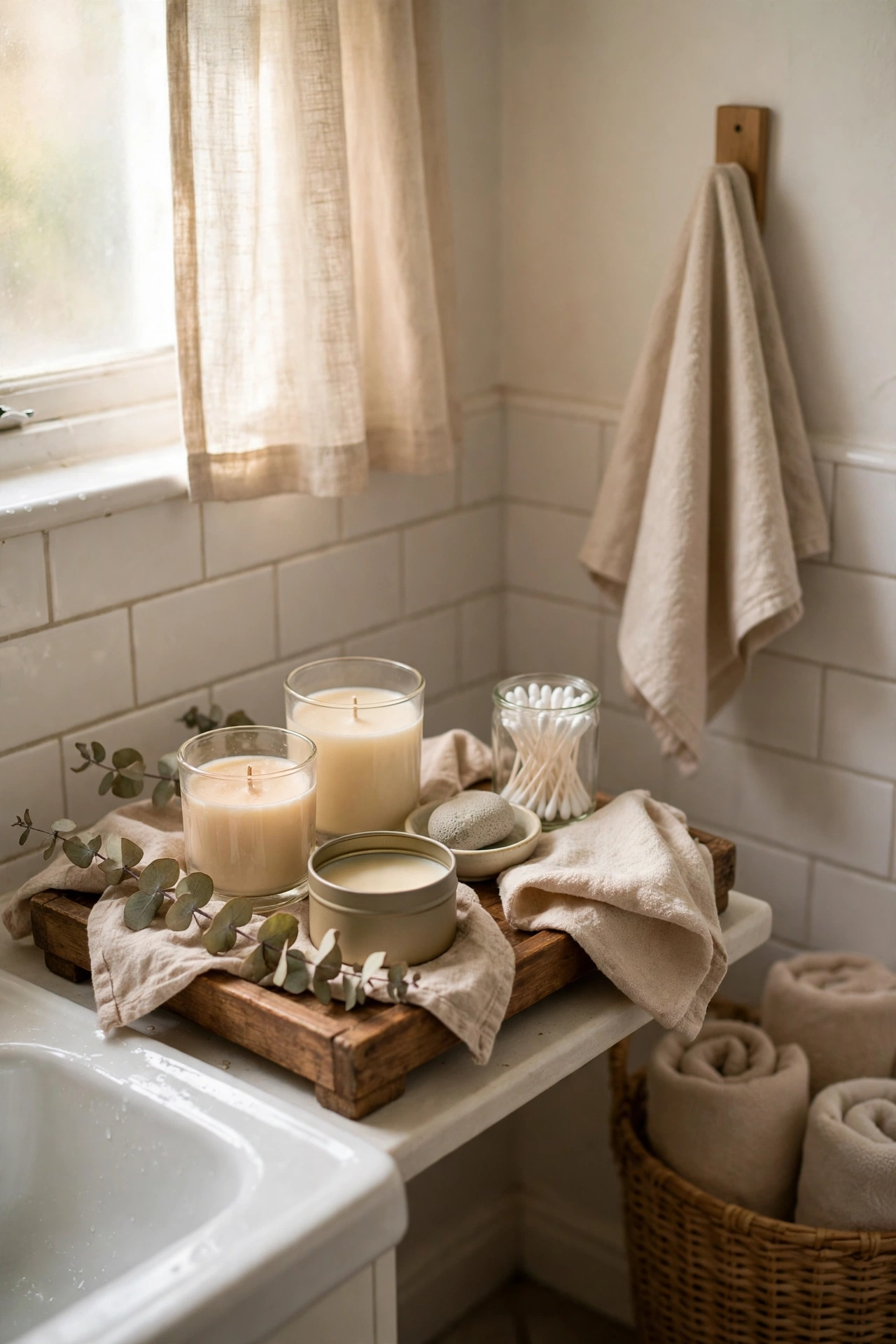 A Scented Candle Corner on a Small Tray in a cozy budget bathroom with soft natural light